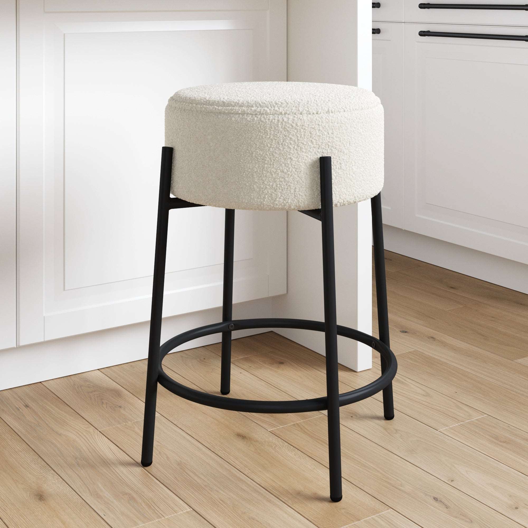 Upholstered Backless Bar Stool | Isaac Boucle White Rough-Matte Black