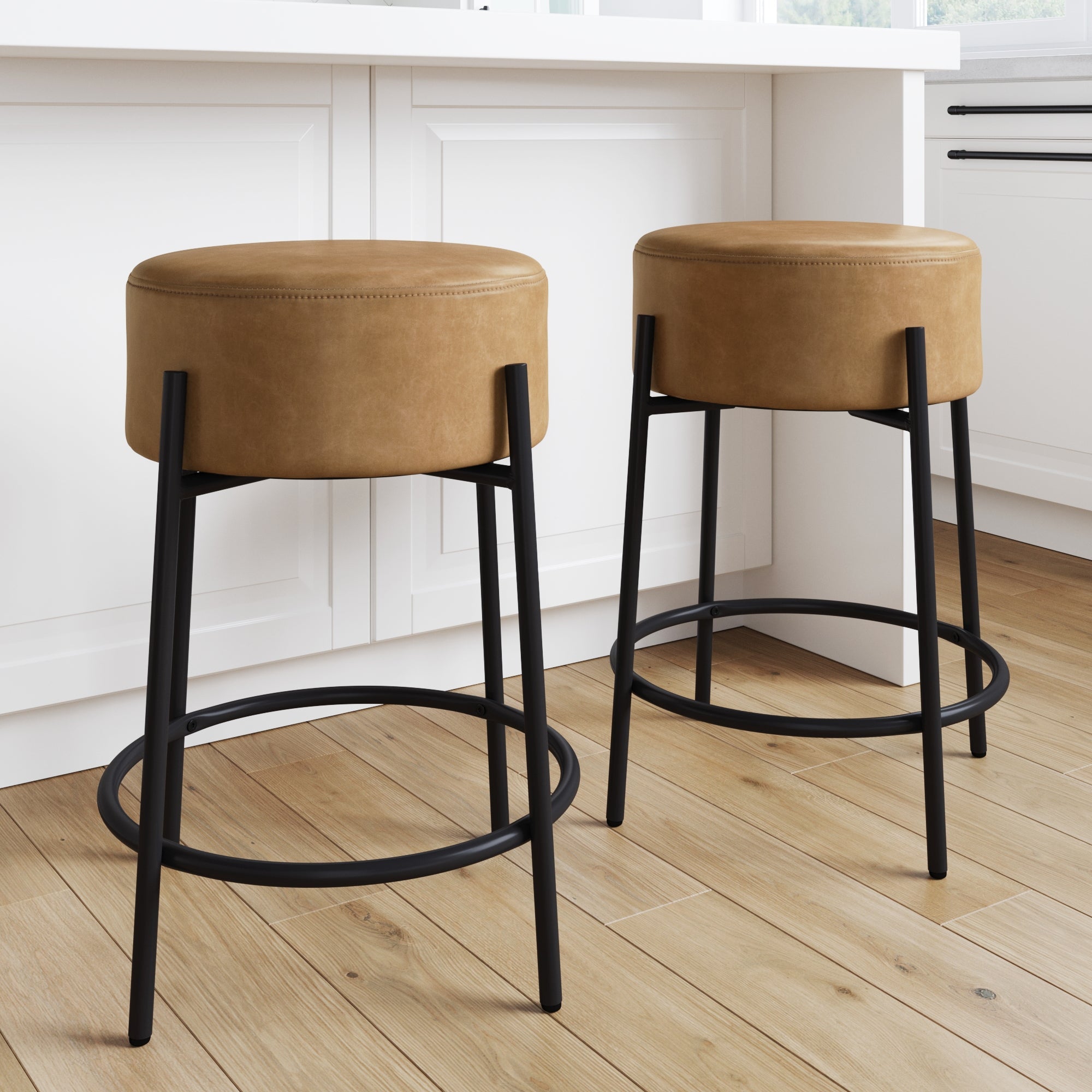 Cognac Counter Stools Isaac Round Mid-Century Backless Set Of Bar