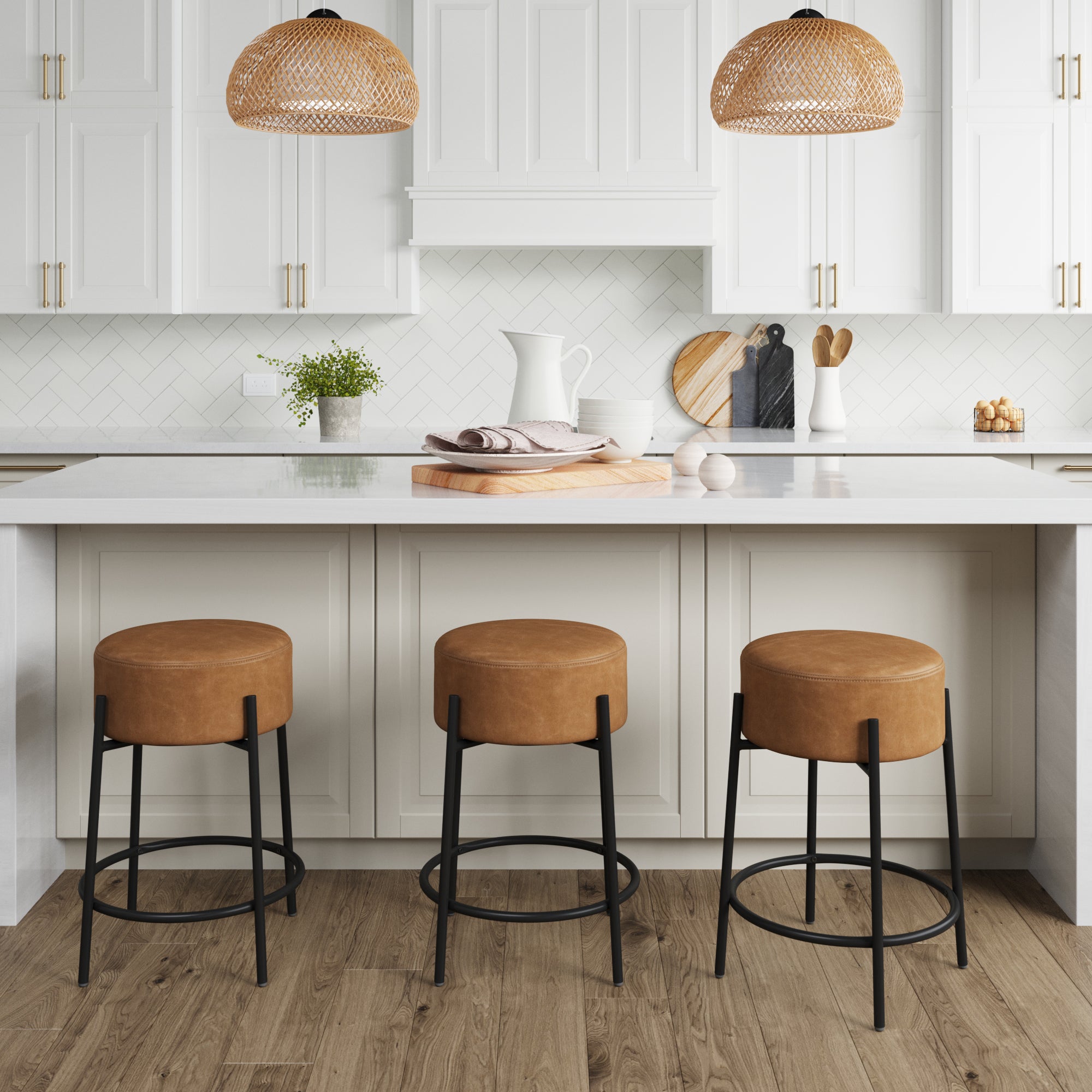 Round Faux Leather Backless Counter Stools Brown (Set of 3)