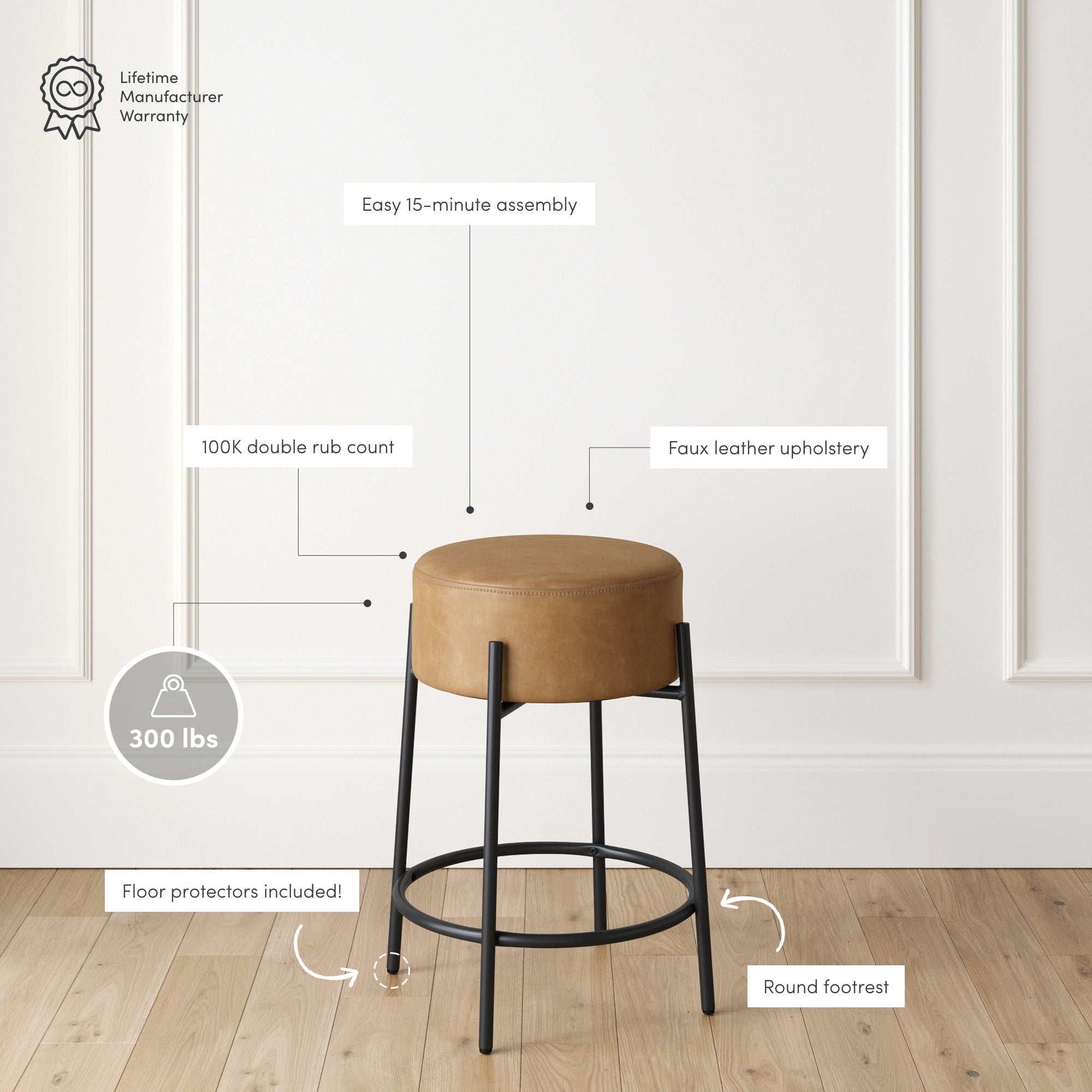 Round Faux Leather Backless Counter Height Bar Stools Brown (Set of 3) - Nathan James