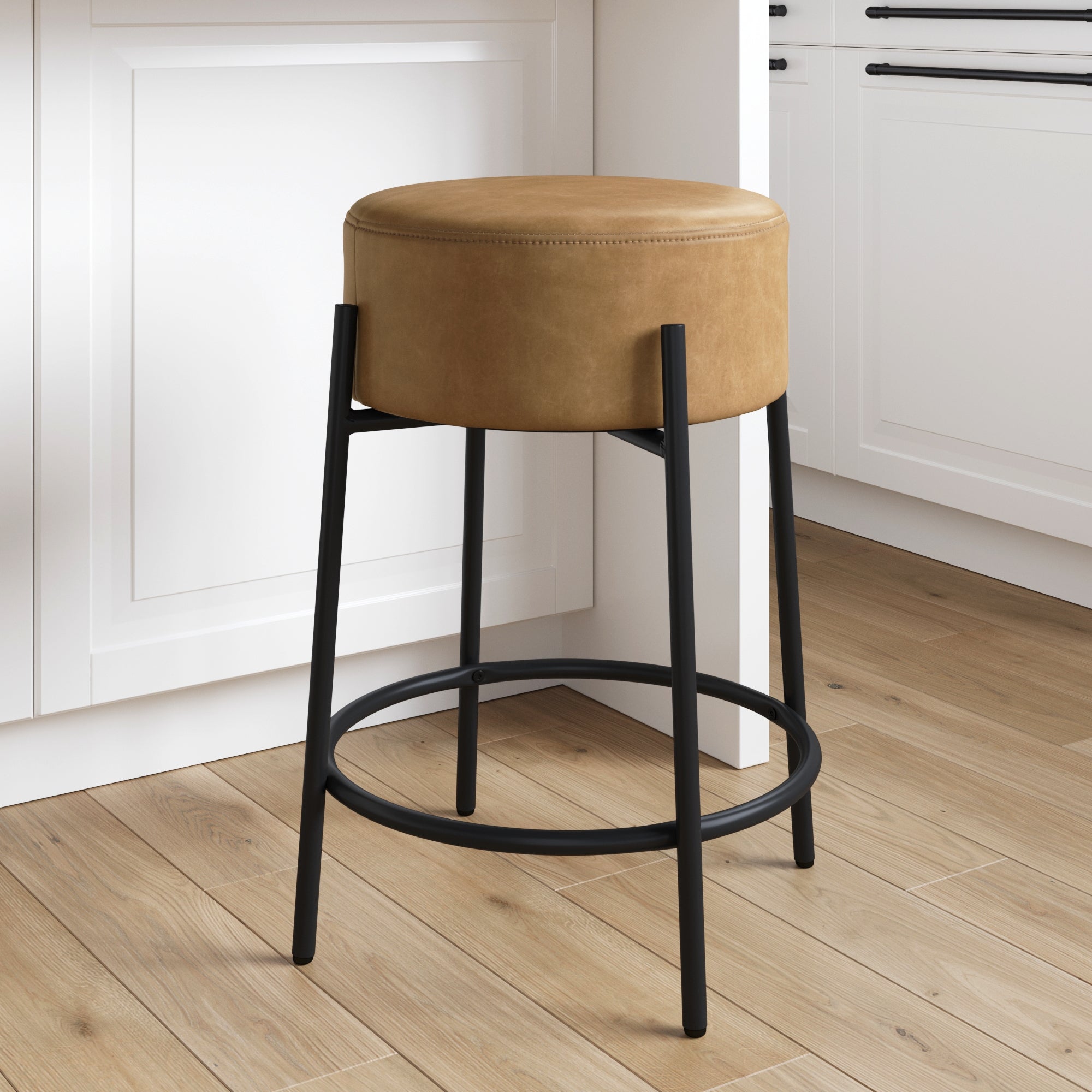 Round Faux Leather Backless Counter Stool Brown