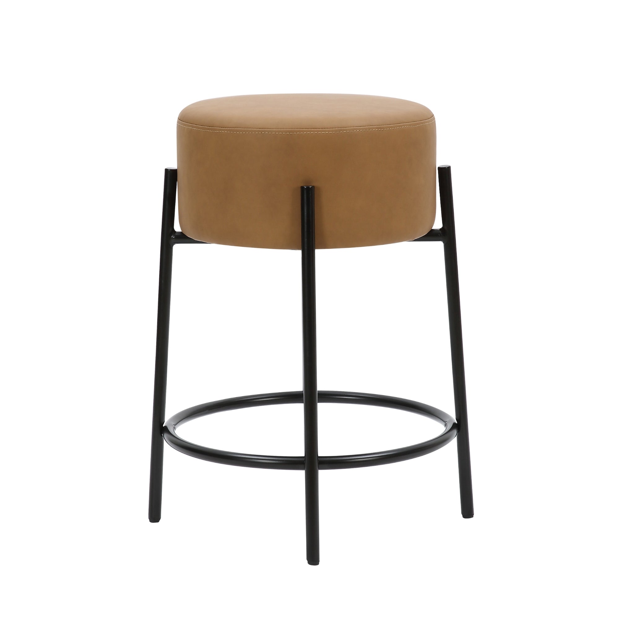 Round Faux Leather Backless Counter Height Bar Stools - Thumbnail 5