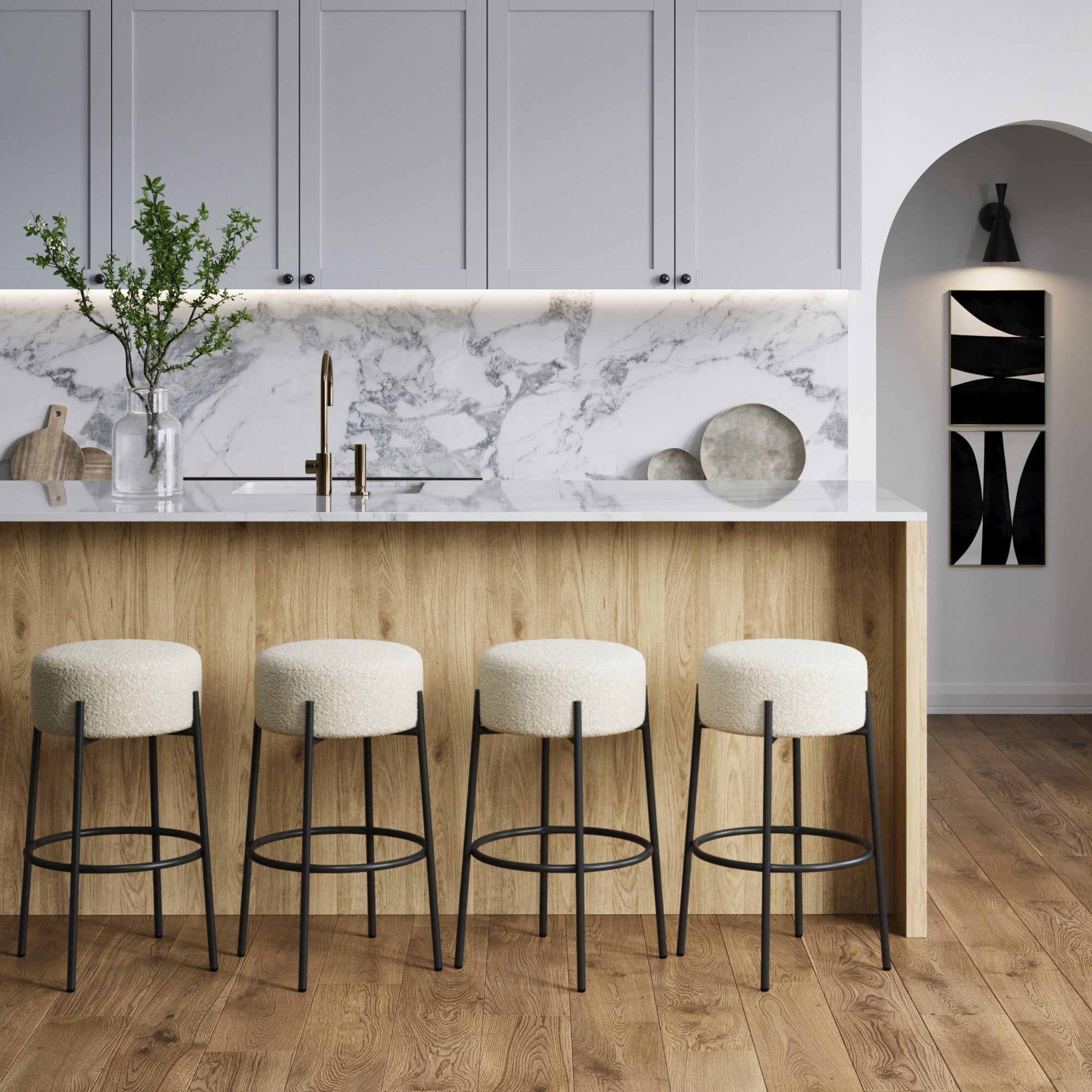 Isaac Round Boucle Backless Bar Stools (Set of 3) - Thumbnail 3