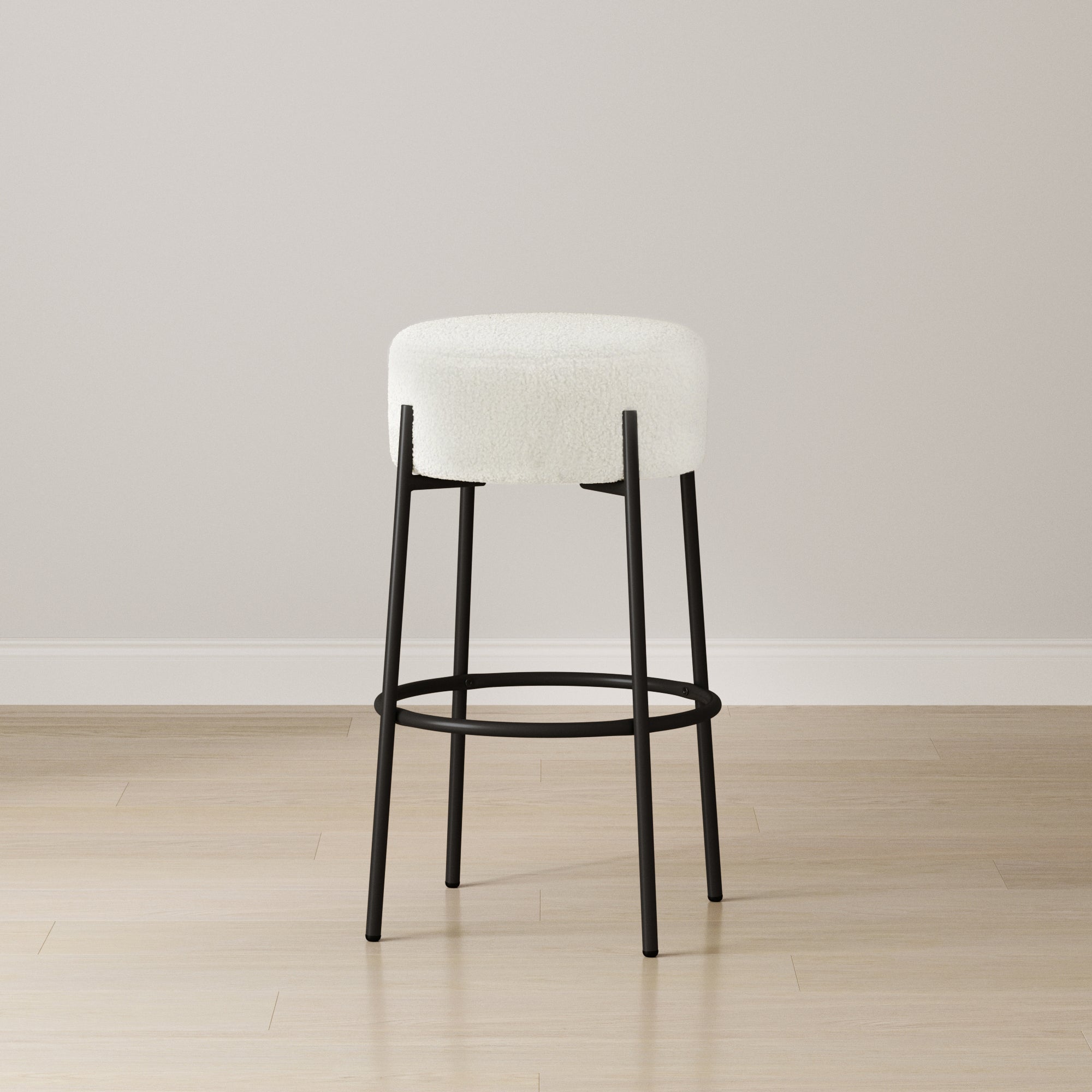 Round White Boucle Backless Bar Height Stool