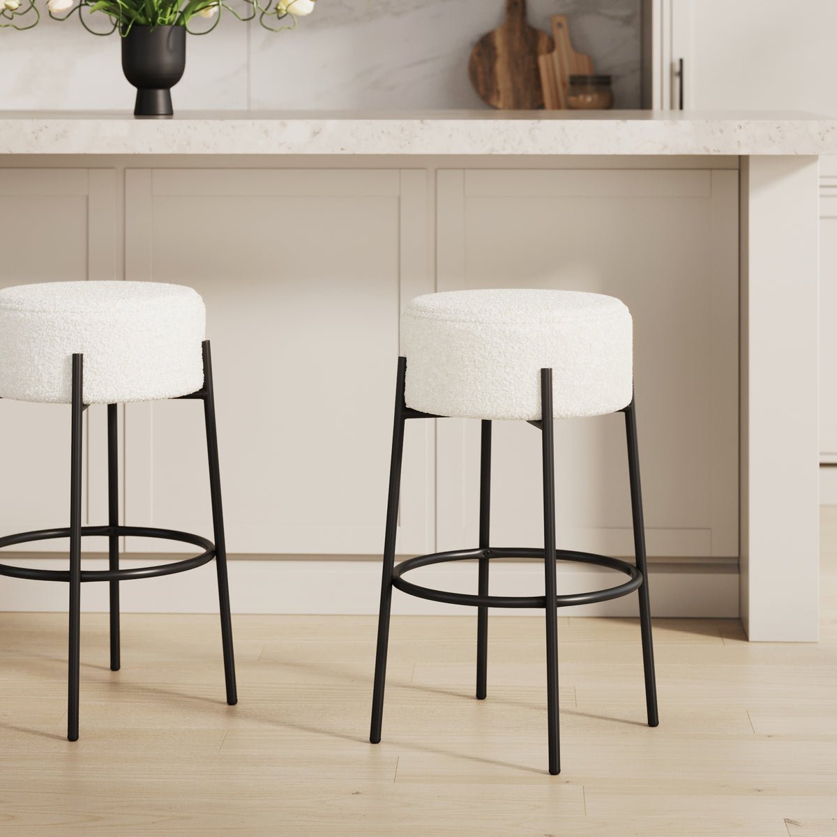 Round White Boucle Backless Bar Height Stool
