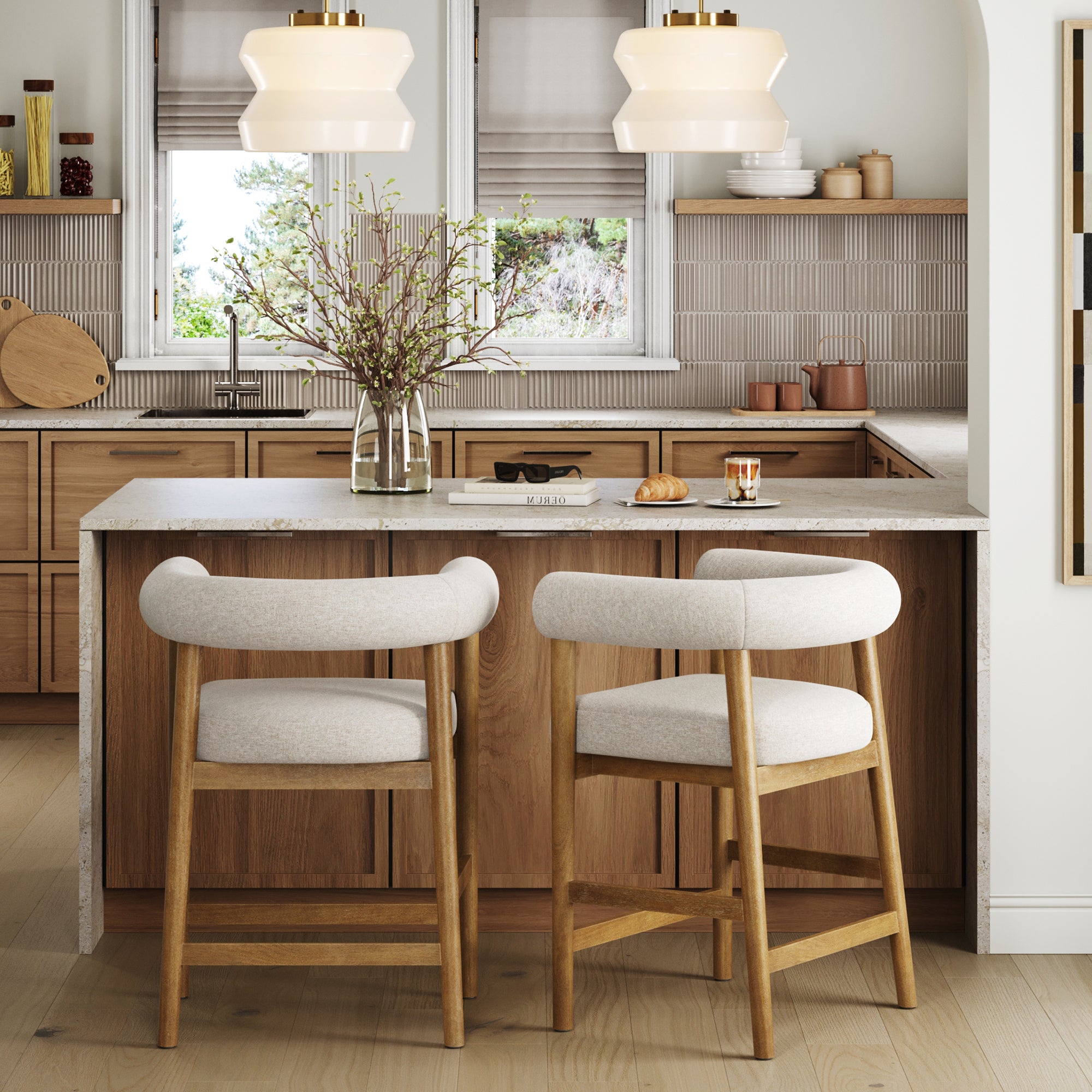 Modern Barrel Bar Stool with Curved Back Flax/Light Brown (Set of 2) - Nathan James