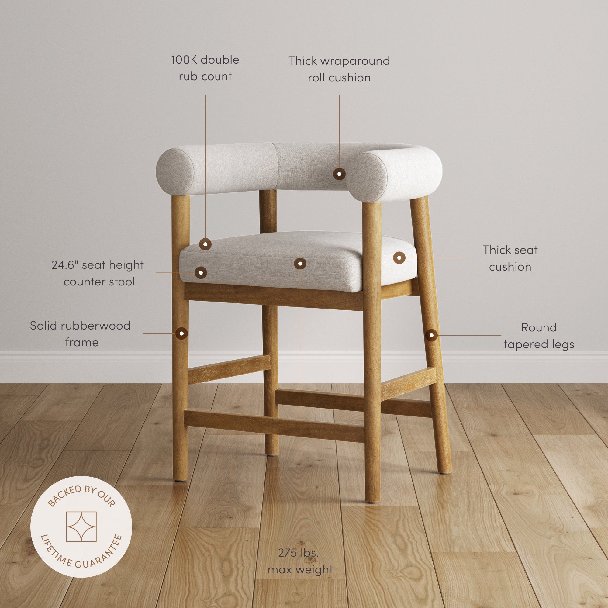 Modern Barrel Counter Bar Stool with Curved Back Flax/Light Brown (Set of 2) - Nathan James
