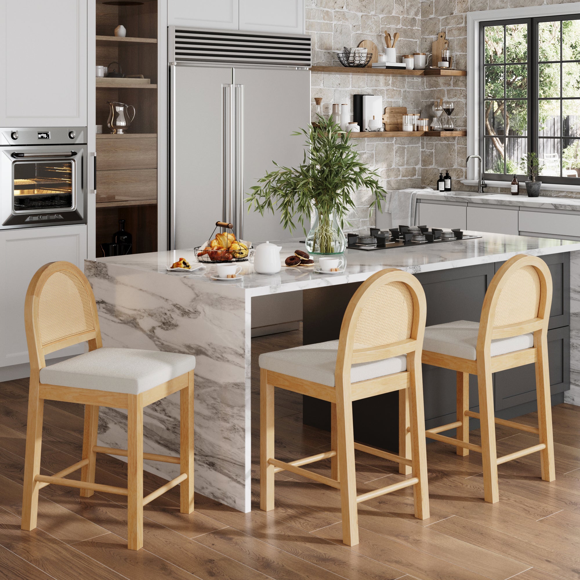 Bailey Rattan Rounded Back Boucle Set of 3 Bar Stools | Nathan James