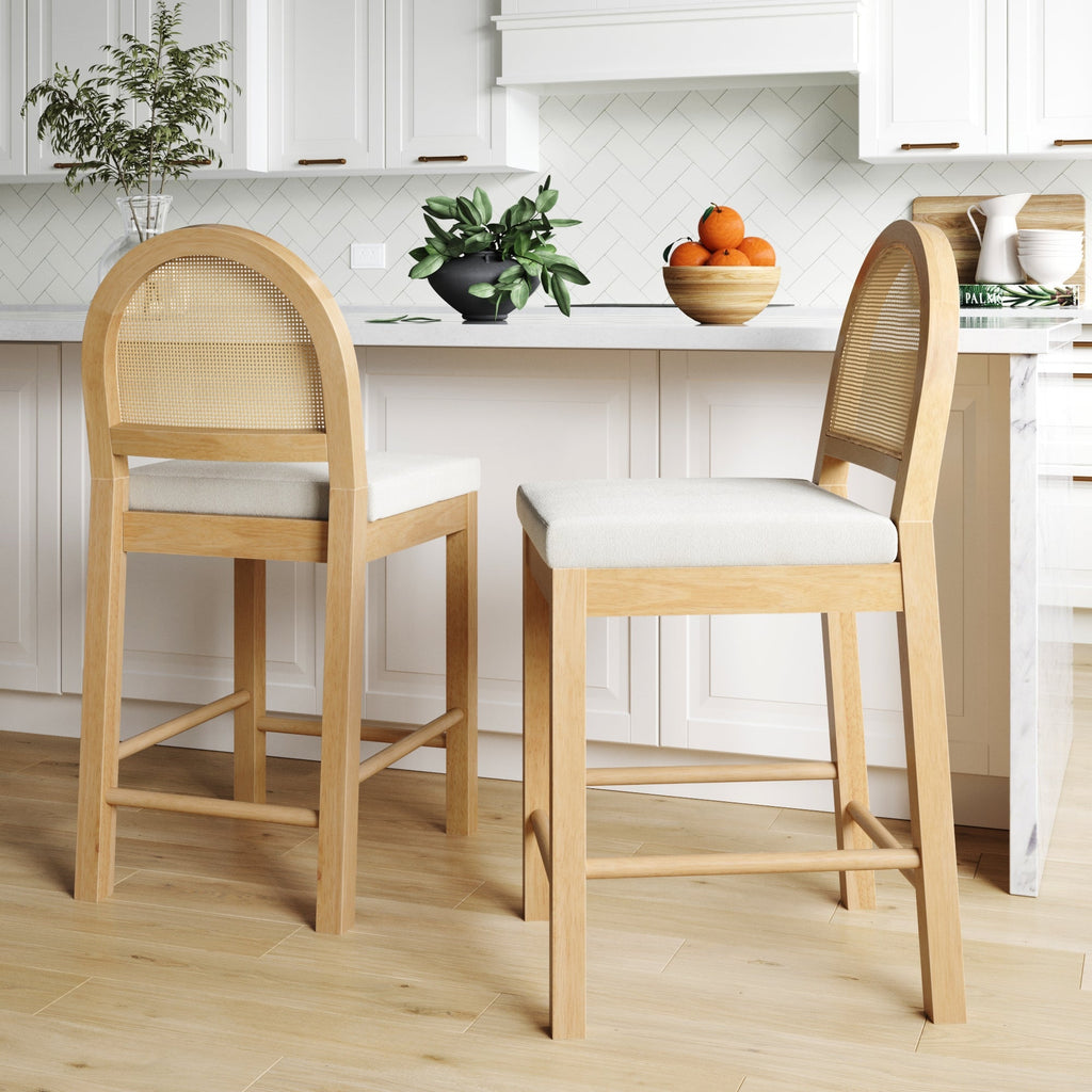 Boucle & Rattan Counter Height Bar Stools Warm Pine