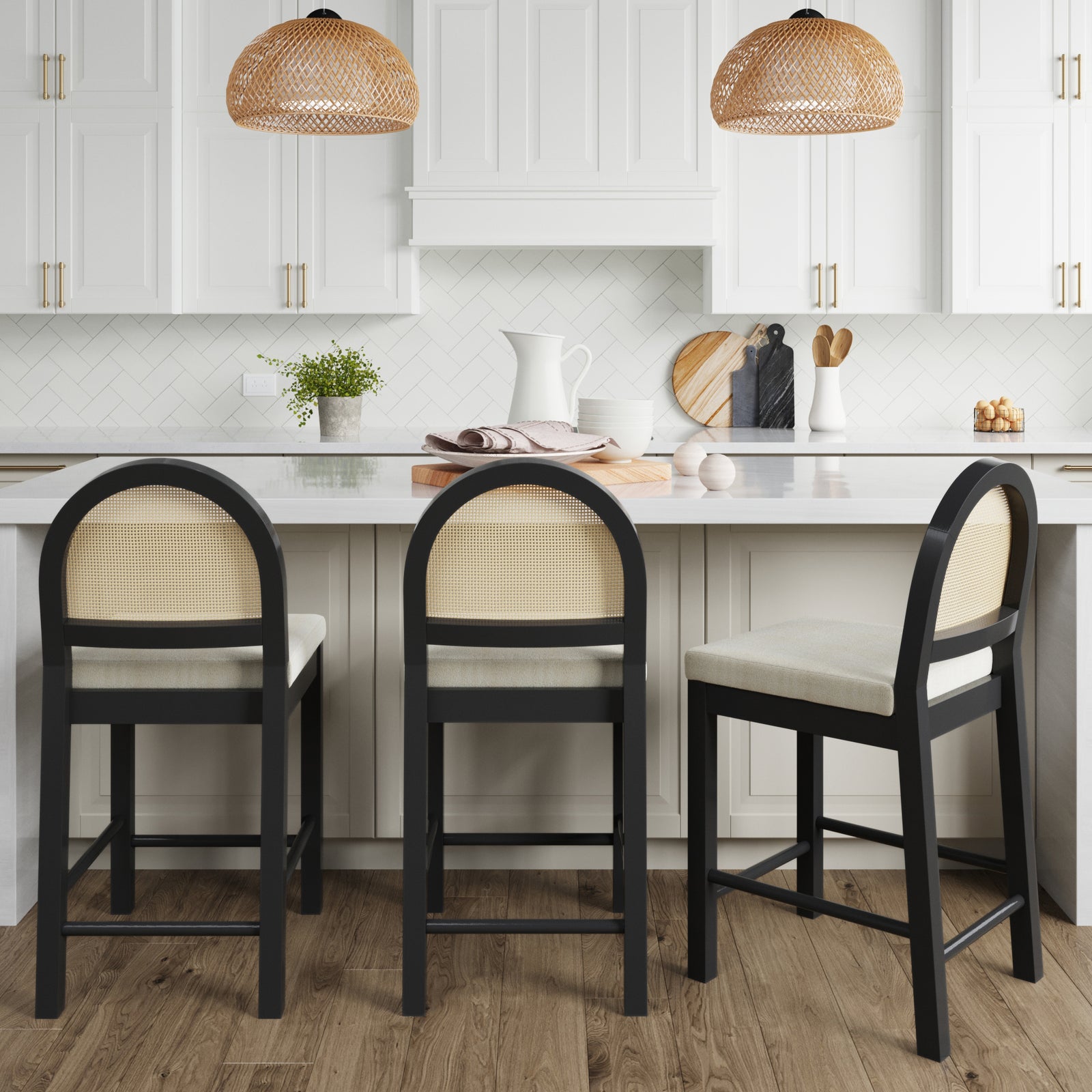 Bailey Boho Boucle & Rattan Black Set of 3 Bar Stools | Nathan James