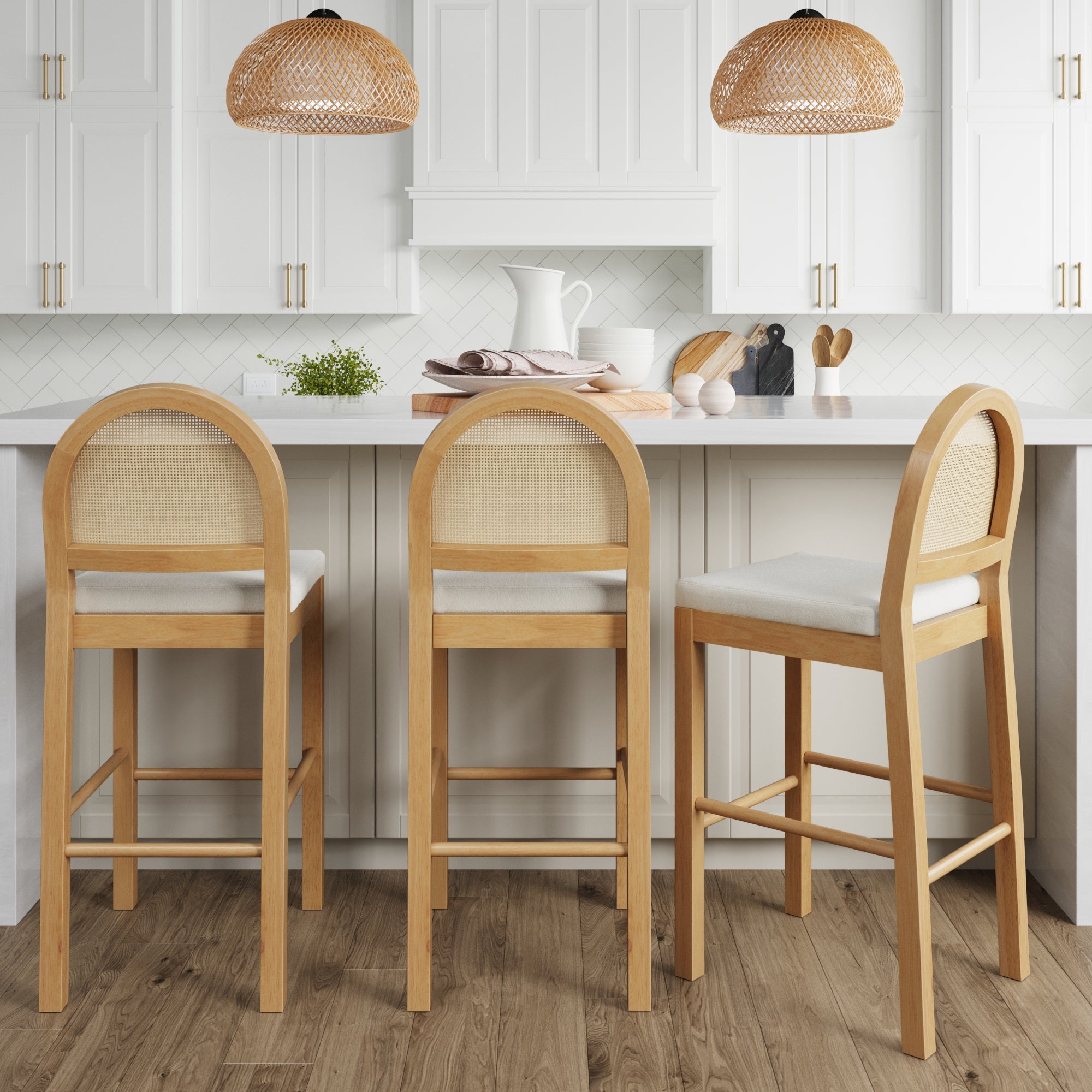 Bailey Boucle Bar Stool with Woven Rattan Back Set of Nathan James