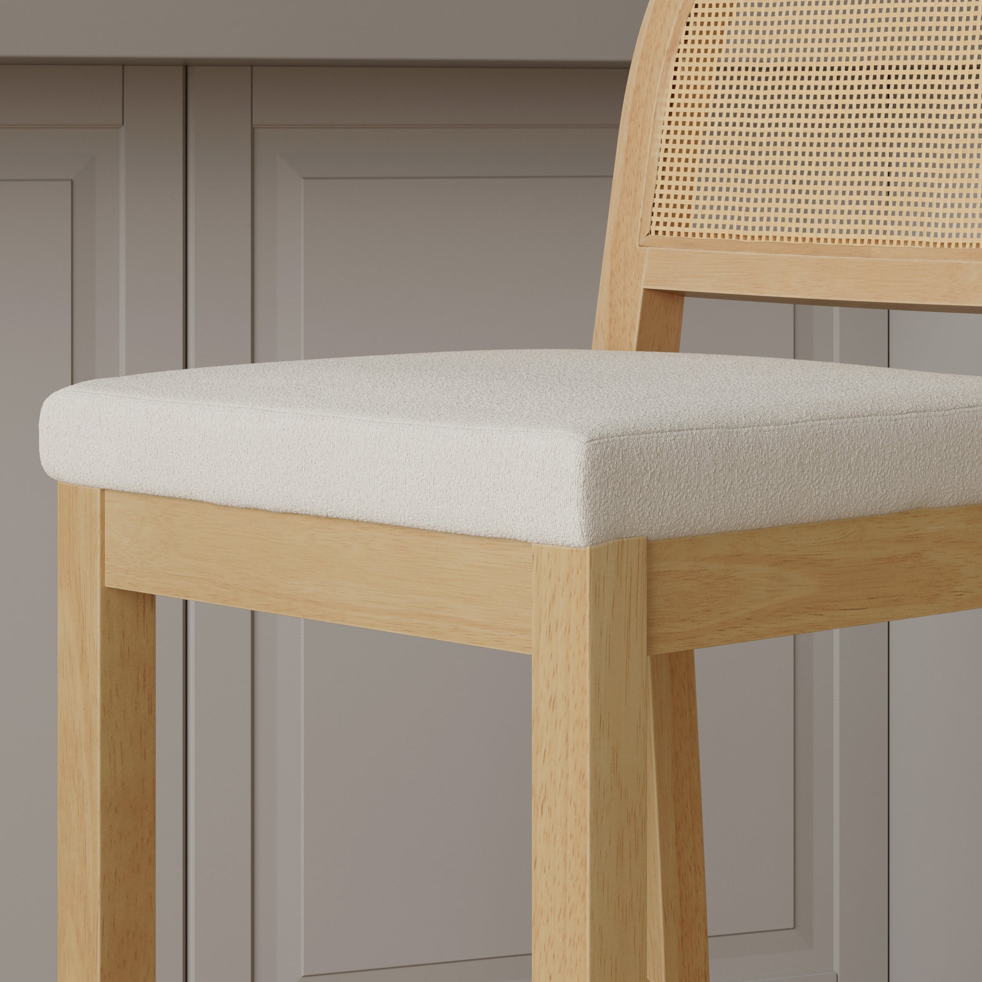 Bailey Boucle Bar Stool with Natural Woven Rattan Back | Nathan James