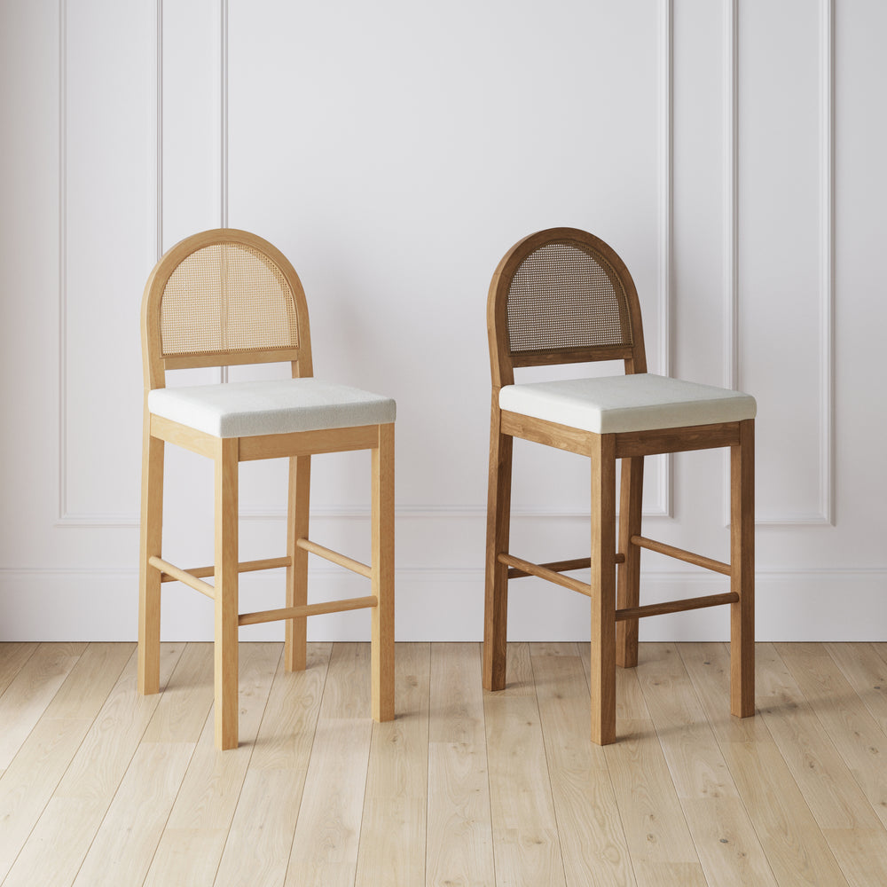 Bailey Boucle Bar Stool with Natural Woven Rattan Back | Nathan James