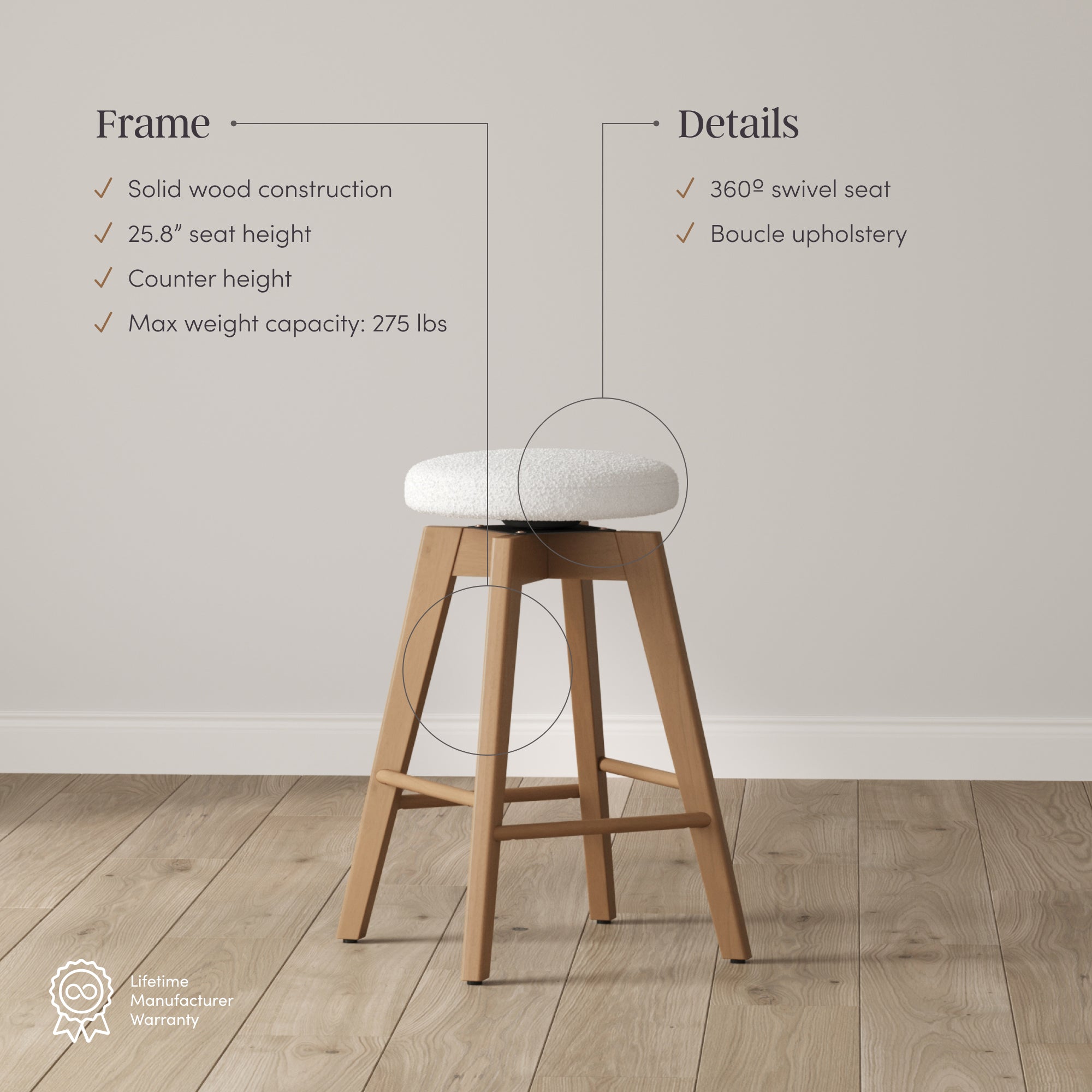 Amalia Bar Stool Wood White Oak Set of 3 Counter Height | Nathan James