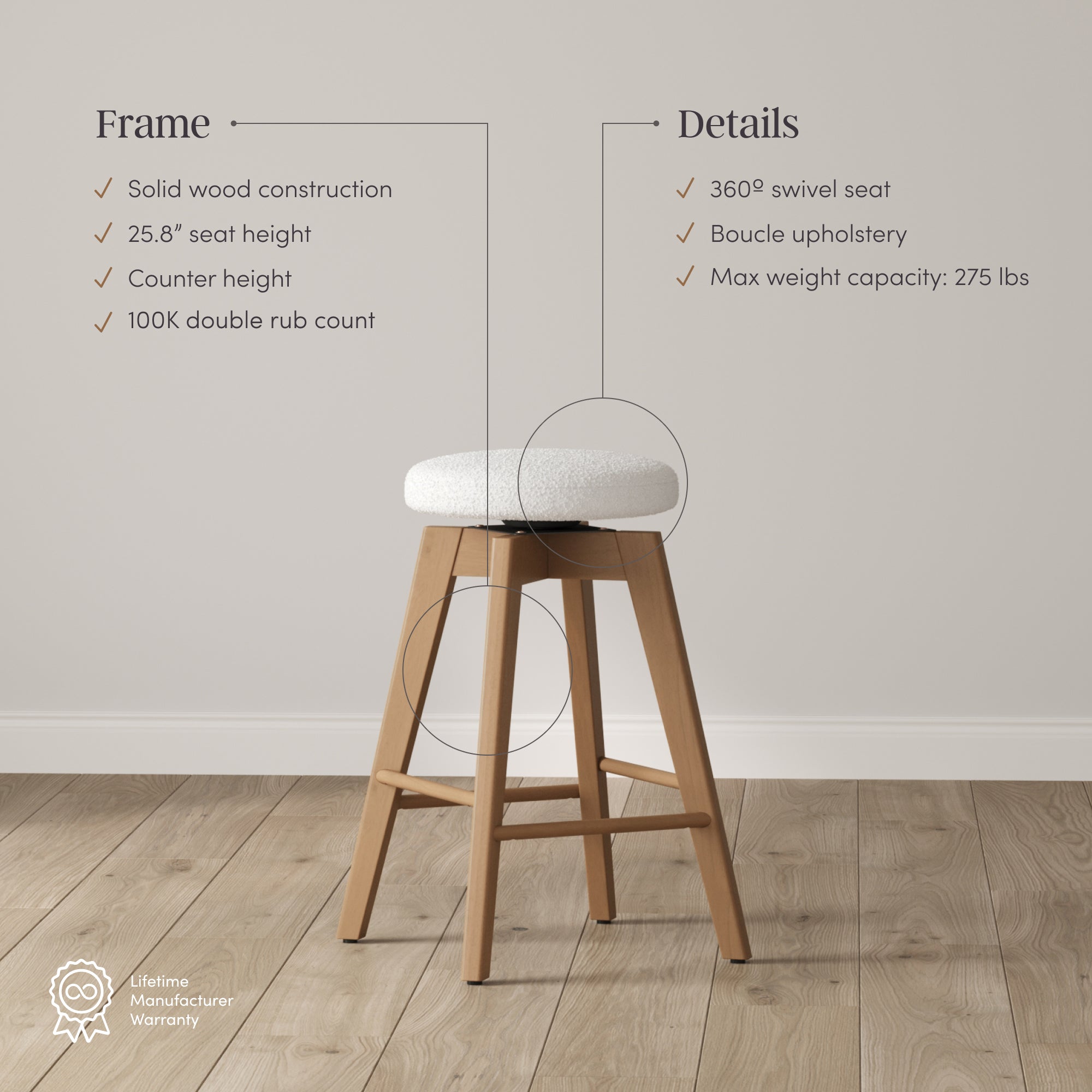 Amalia Bar Stool Wood White Oak Counter Height Set of 4 | Nathan James