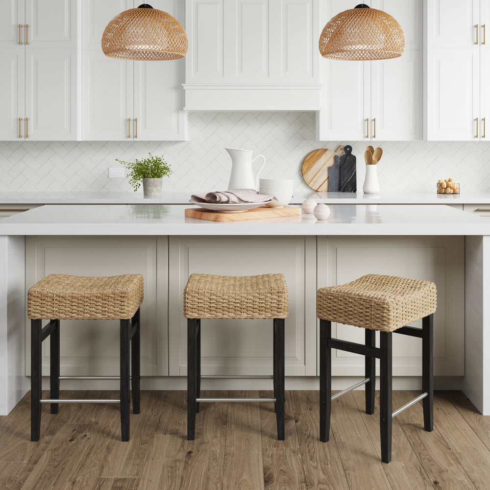 Harvey Rattan Counter Height Bar Stool Black Set of 3 | Nathan James