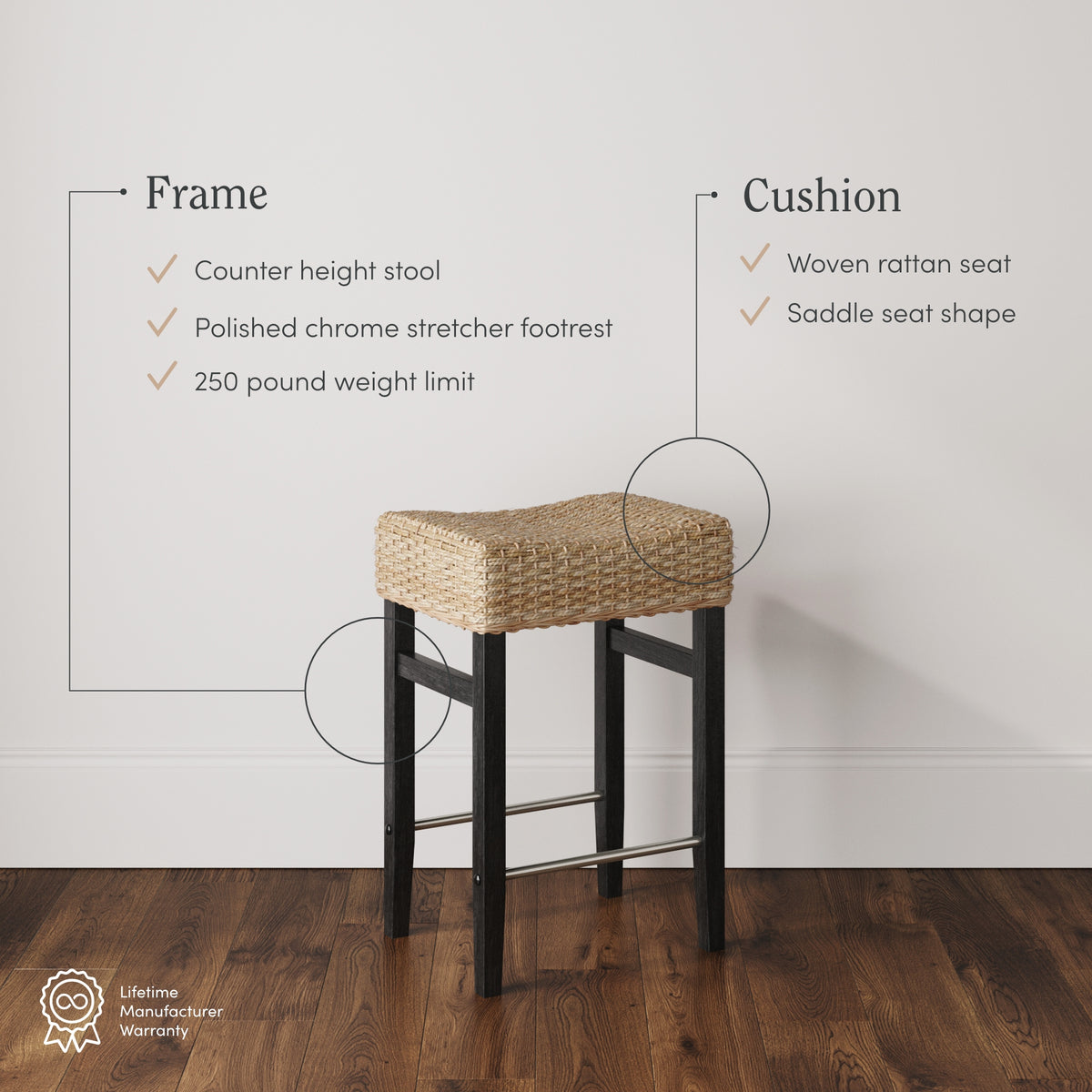 Harvey Rattan Counter Height Kitchen Bar Stool Black | Nathan James
