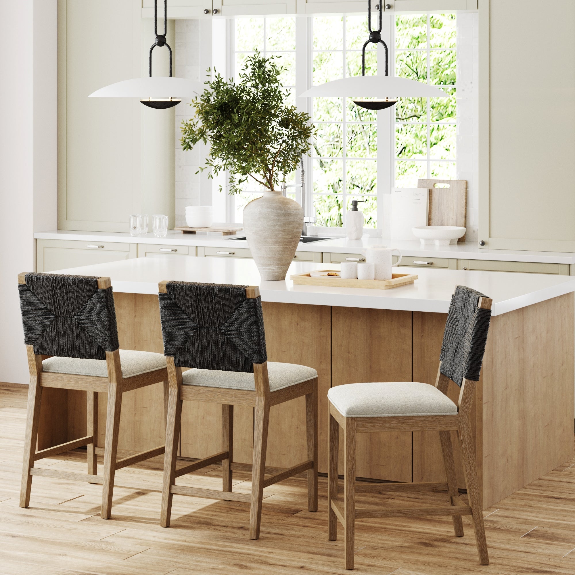 Boucle & Seagrass Counter Height Bar Stools Black (Set of 3) - Nathan James