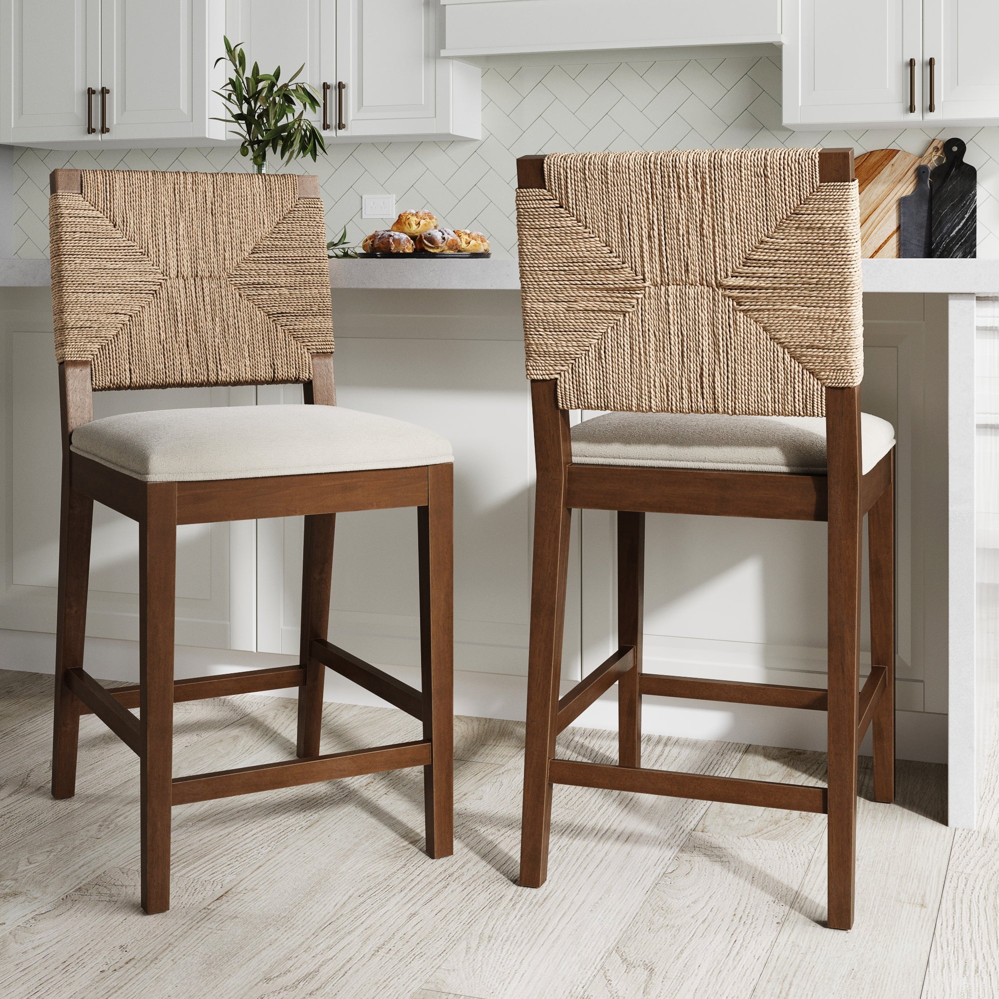 Beacon Boucle & Seagrass Stool Dark Brown Set of 2 | Nathan James