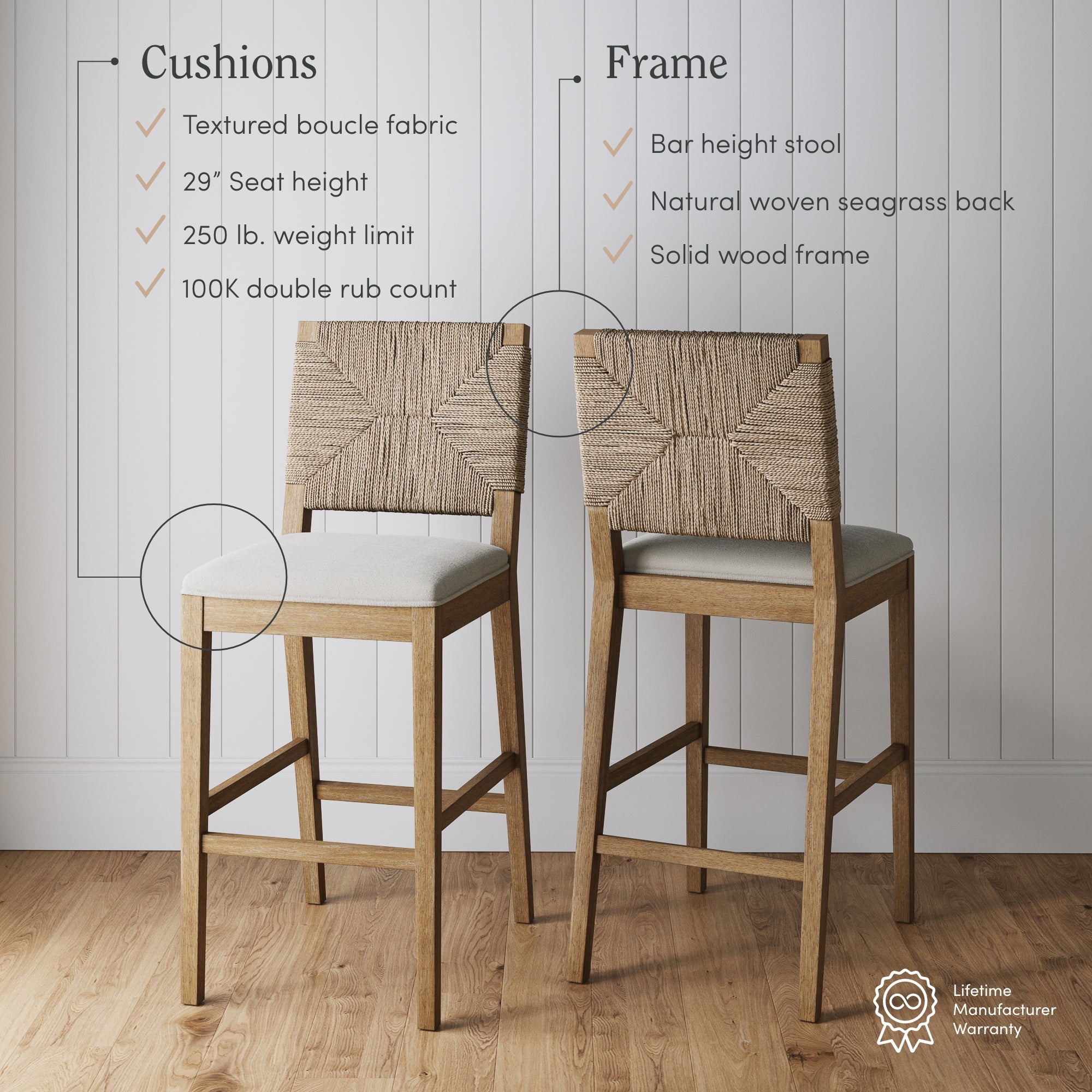 Boucle & Seagrass Bar Stool Light Brown (Set of 2) - Nathan James