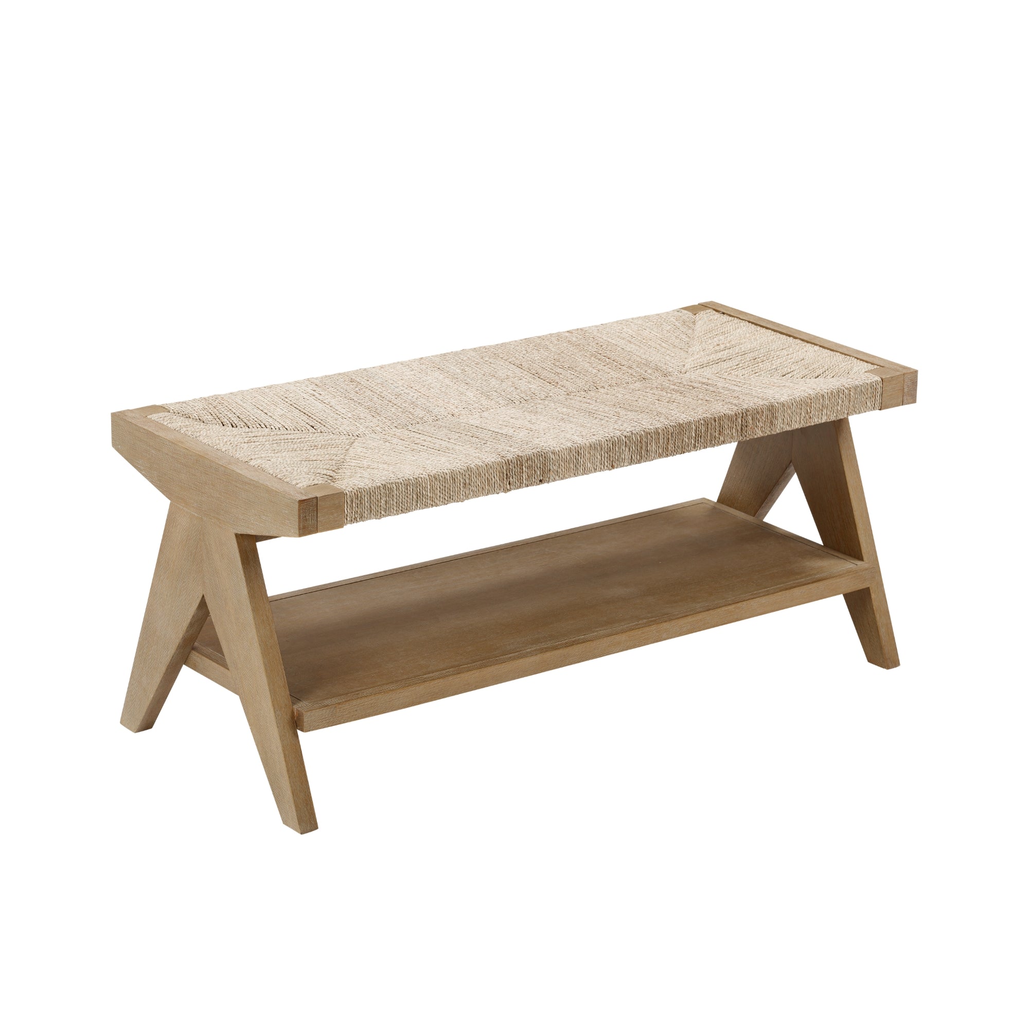 Wood & Seagrass Entryway Bench with Shelf - Thumbnail 2