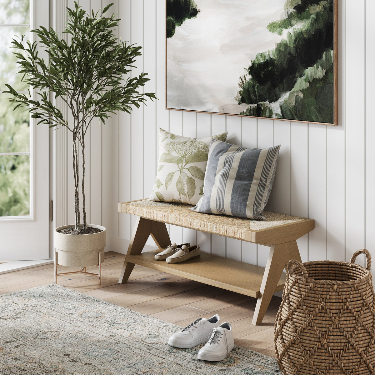Beacon Bohemian Wood & Seagrass Entryway Bench | Nathan James