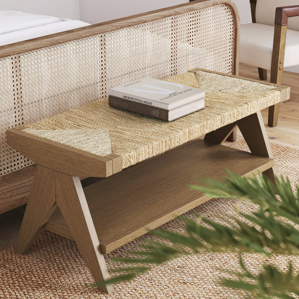 Beacon Bohemian Wood & Seagrass Entryway Bench | Nathan James