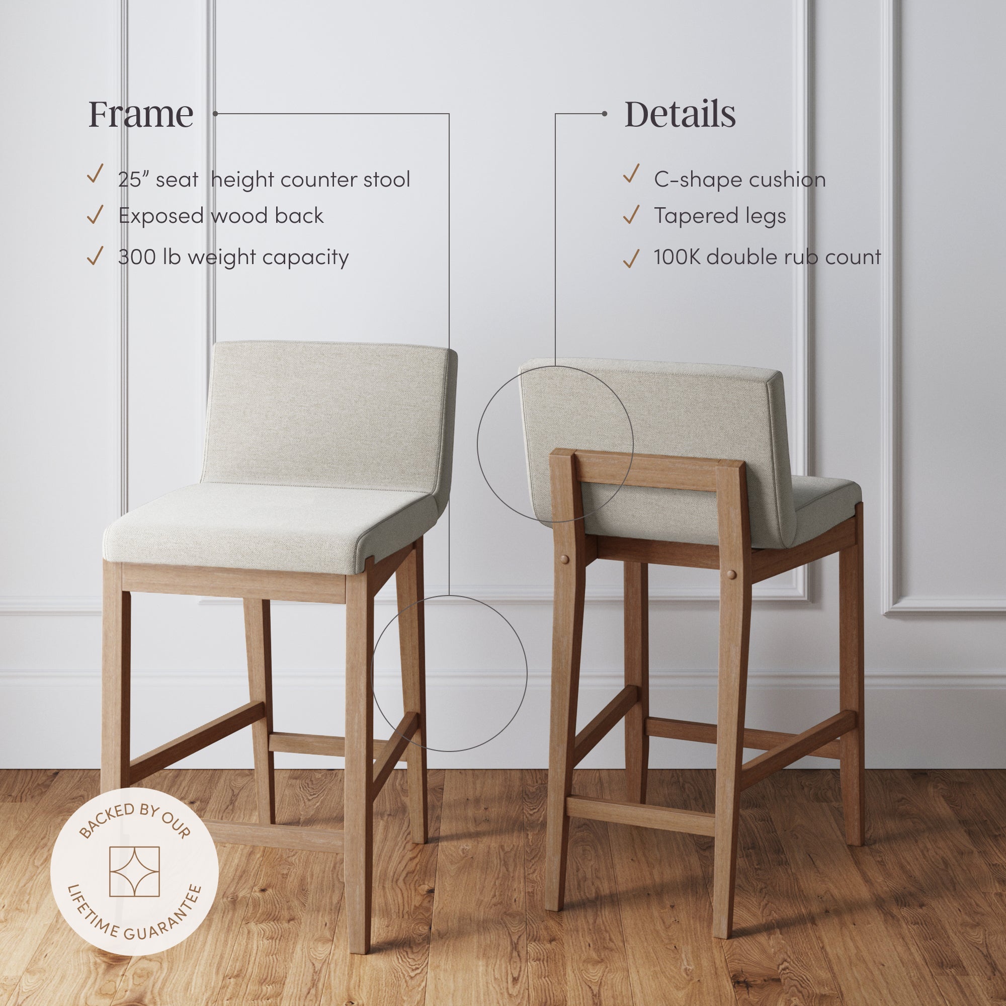 Wood Upholstered Counter Height Bar Stool Light Brown