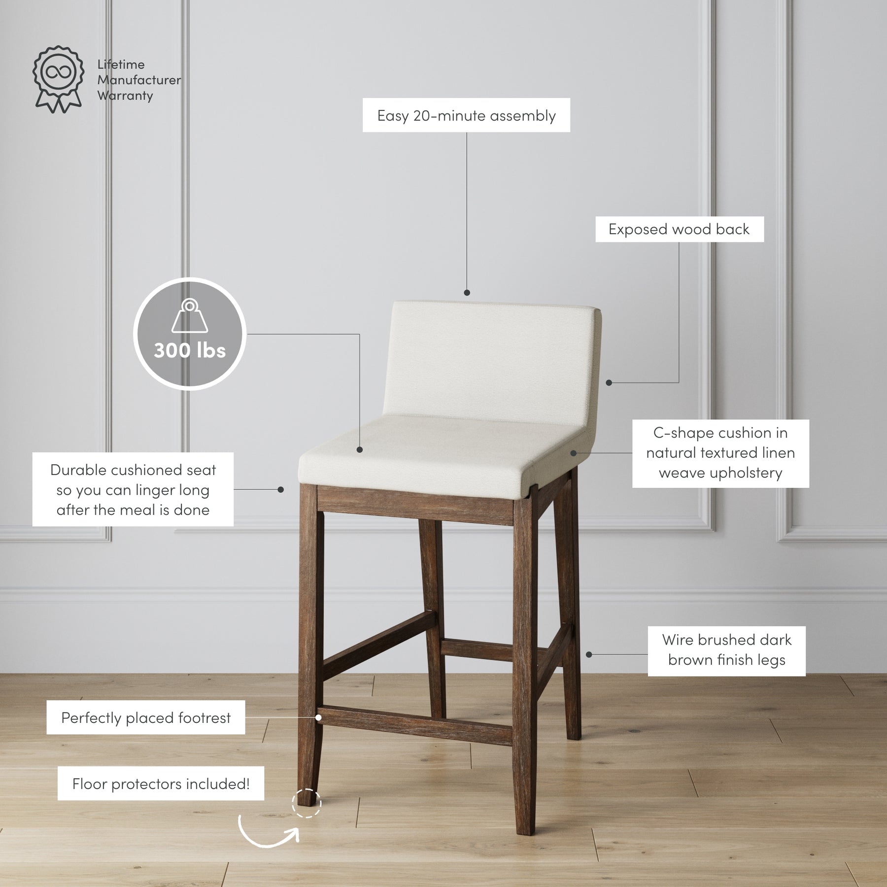 Gracie Modern Upholstered Bar Stool with Back Brown Nathan James