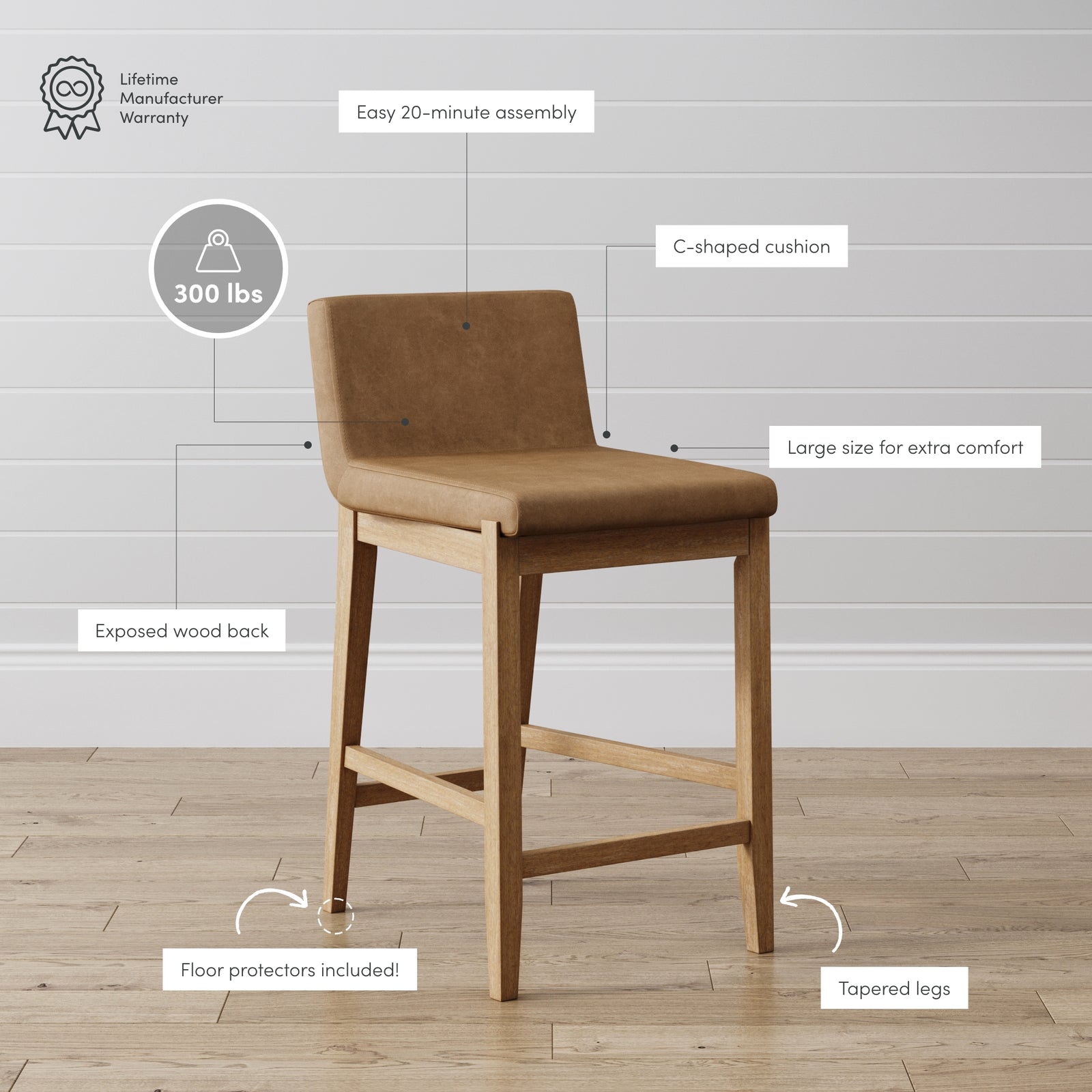 Gracie Modern Wood Upholstered Bar Stool with Back Nathan James