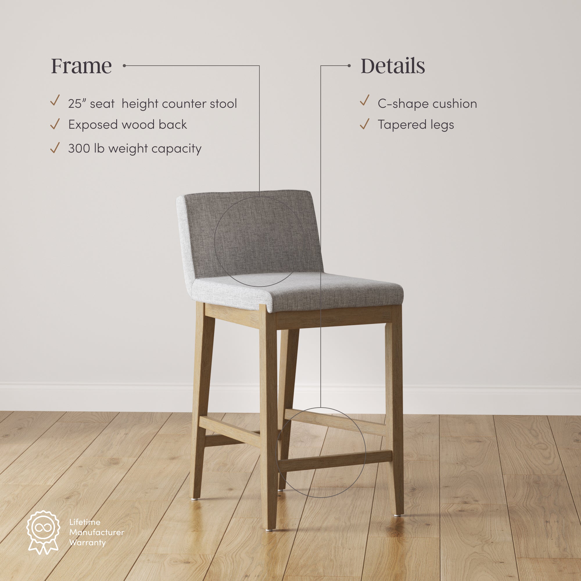 Upholstered Counter Height Bar Stool w/ Back Gray (Set of 4)