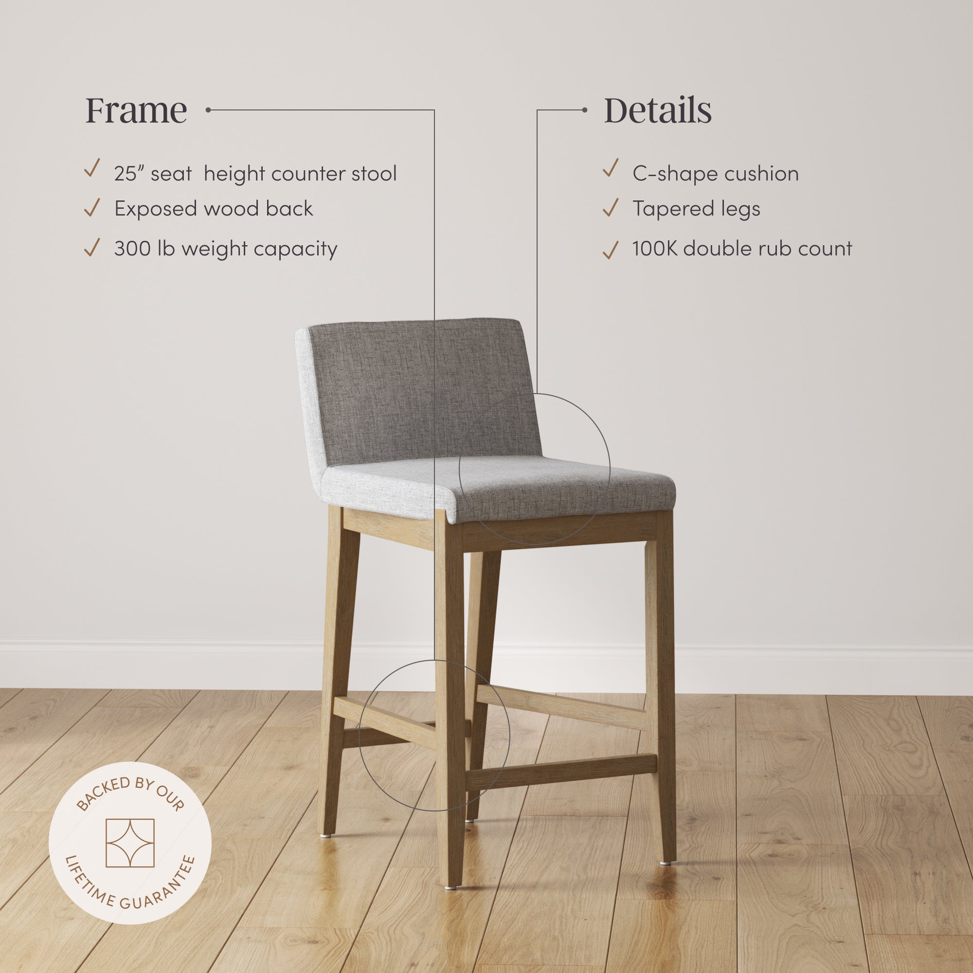 Upholstered Counter Height Bar Stool w/ Back Gray (Set of 4) - Nathan James