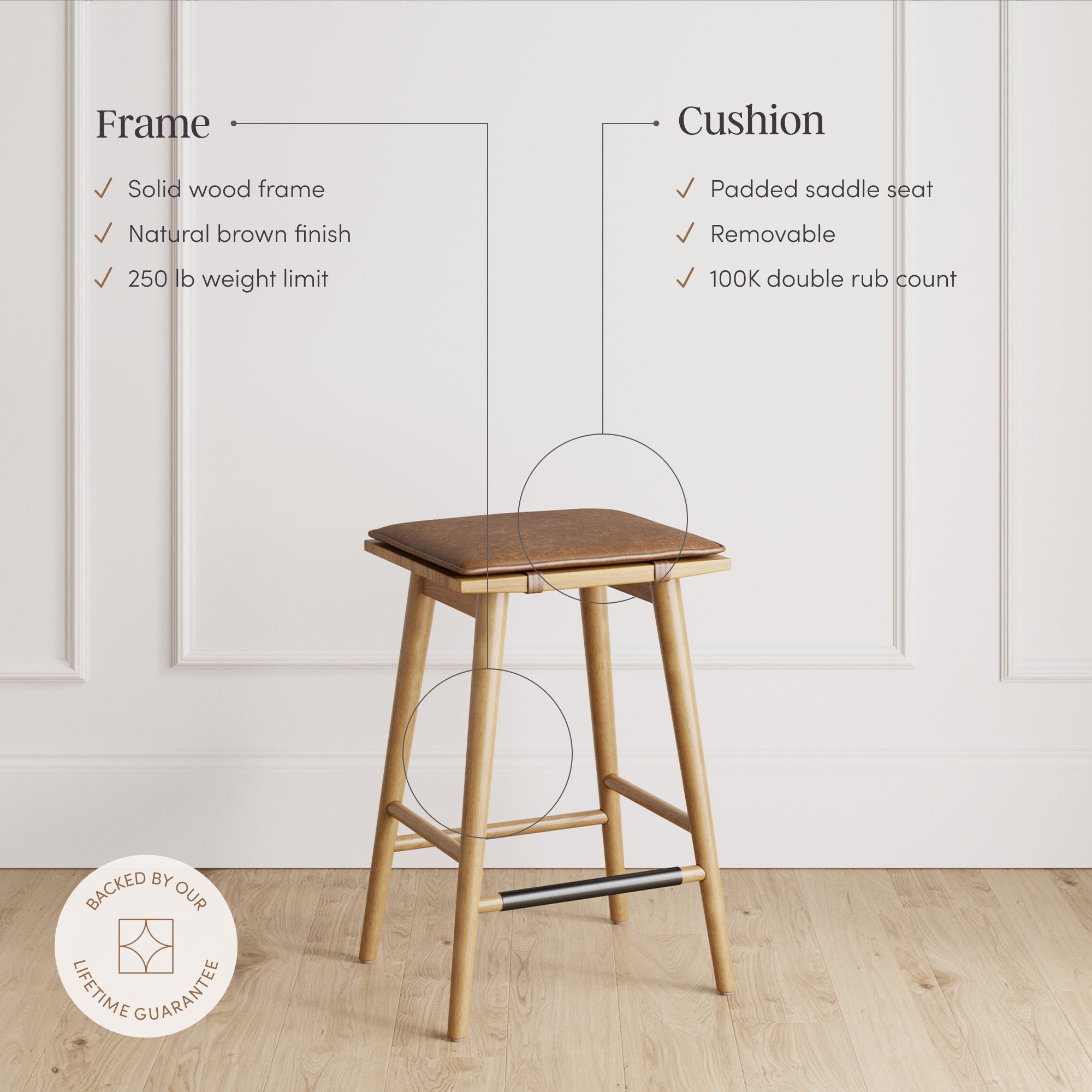 Barker Backless Warm Pine Wood Stool Removable Cushion | Nathan James