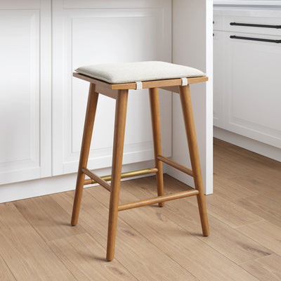 Barker Mid-Century Modern Wood Bar Stool Cream Boucle | Nathan James