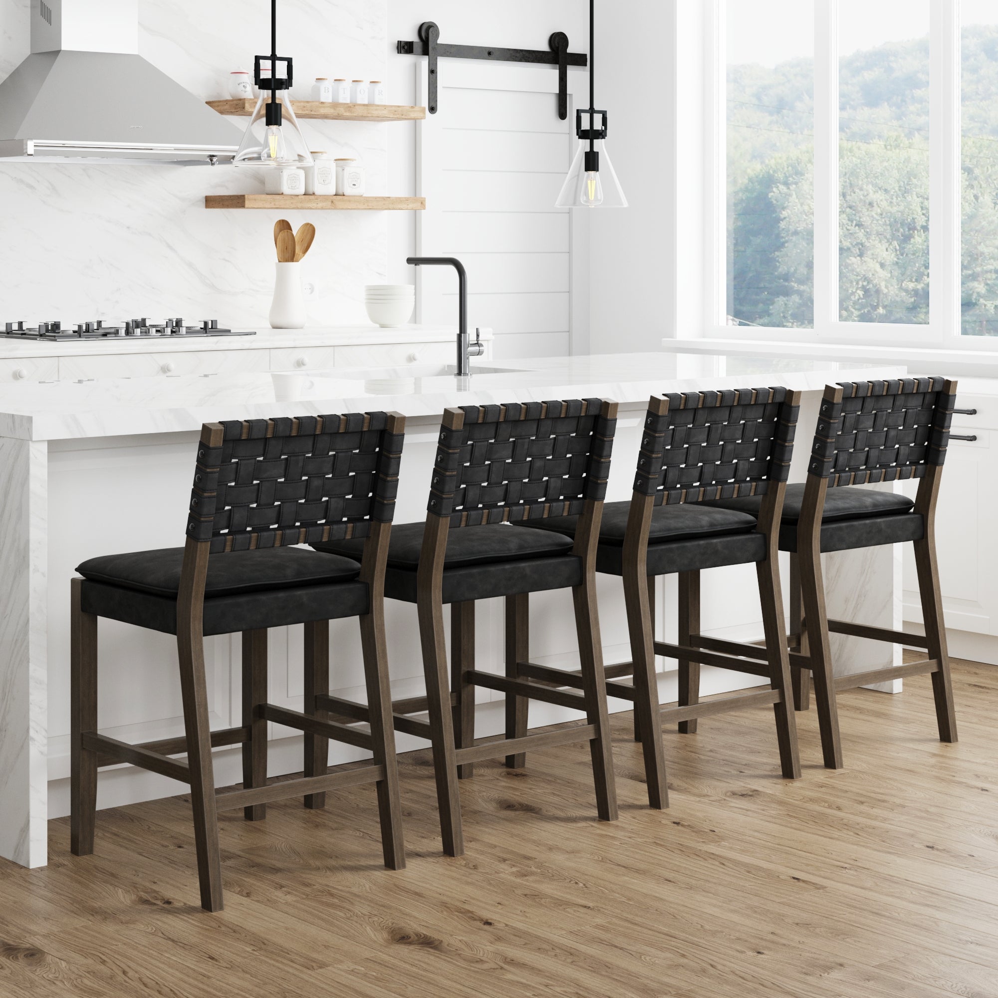 Woven Faux Leather Counter Bar Stool Black