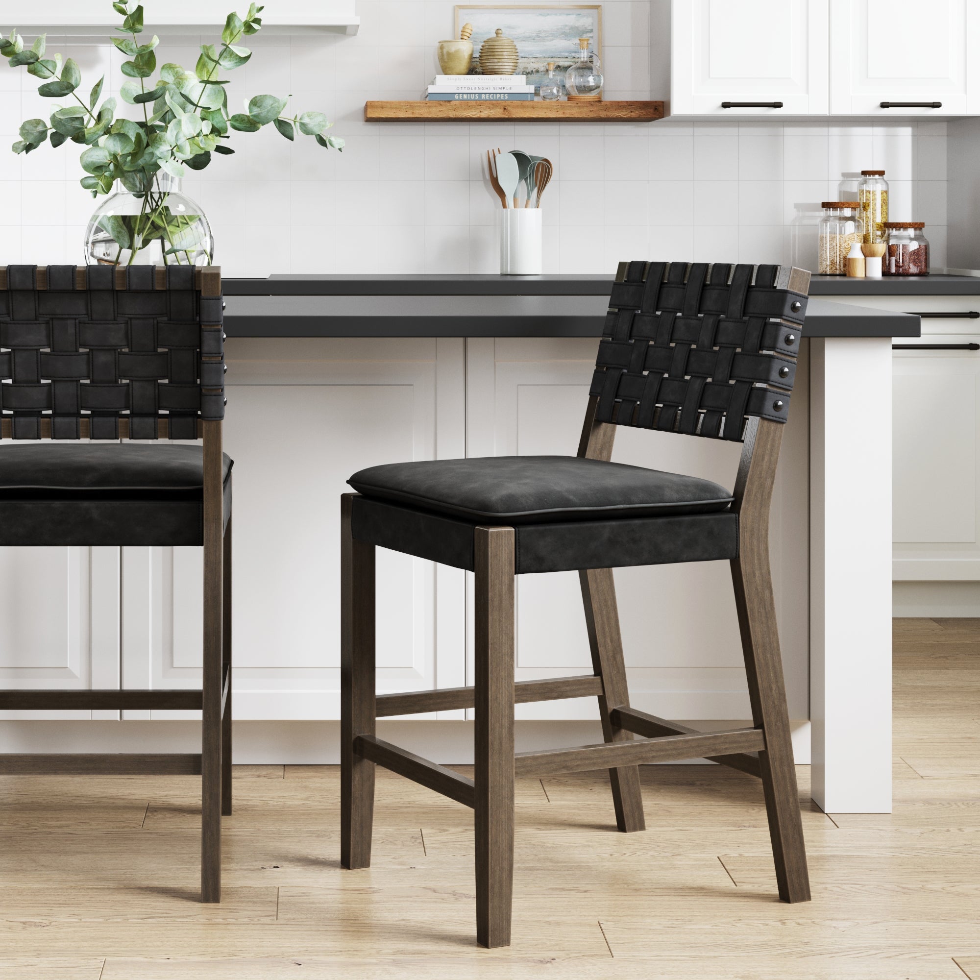 Woven Faux Leather Counter Bar Stool Black