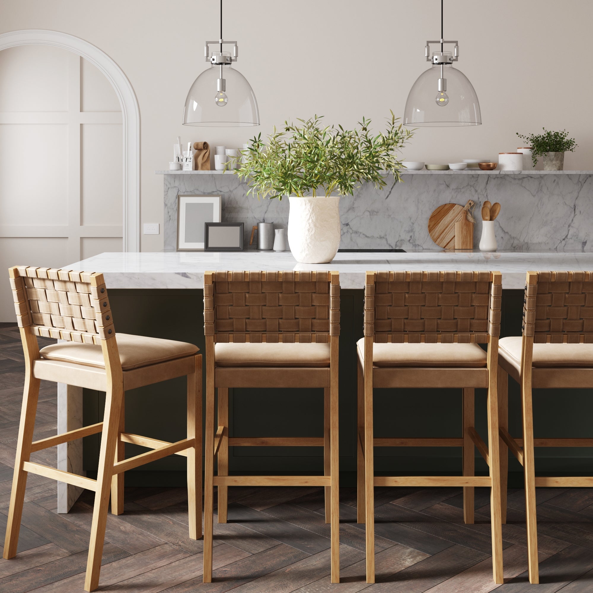 Faux Leather Woven Bar Stools Brown (Set of 4) - Thumbnail 3