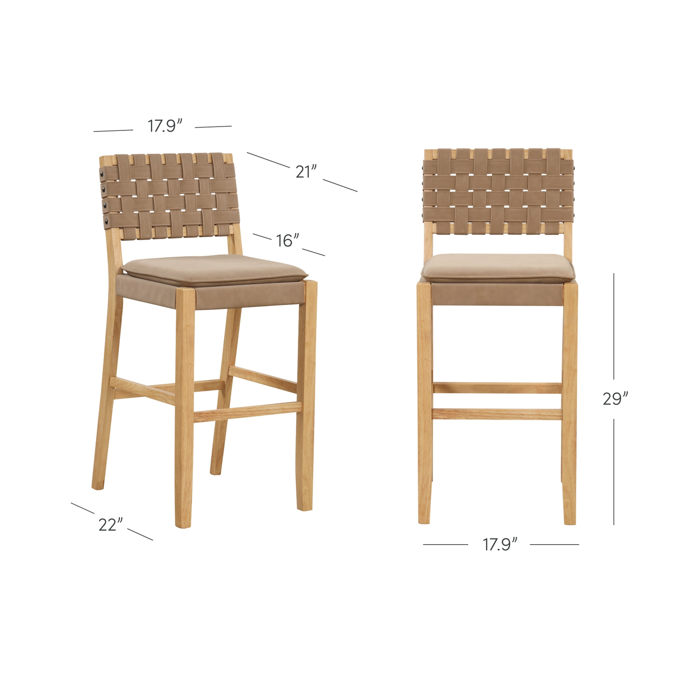 Two wooden bar stools with tan woven backs and cushioned seats are shown side by side. Measurements are displayed: height 29, width 17.9, depth 22, seat depth 16, and back height 21.