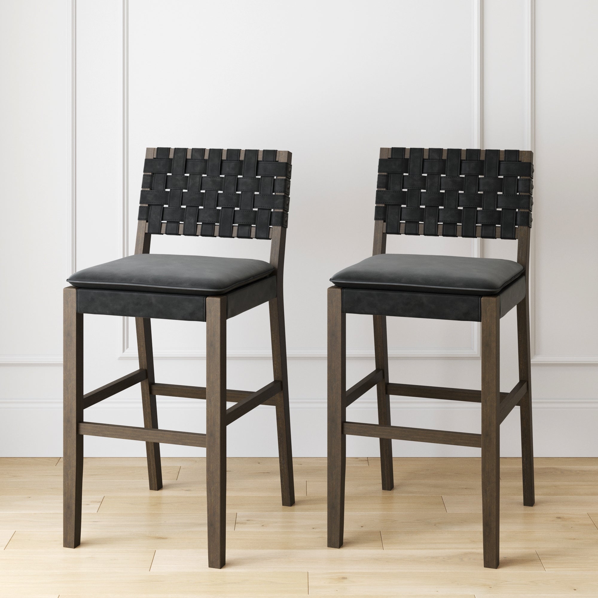 Set of 2 Faux Leather Woven Bar Stools Black