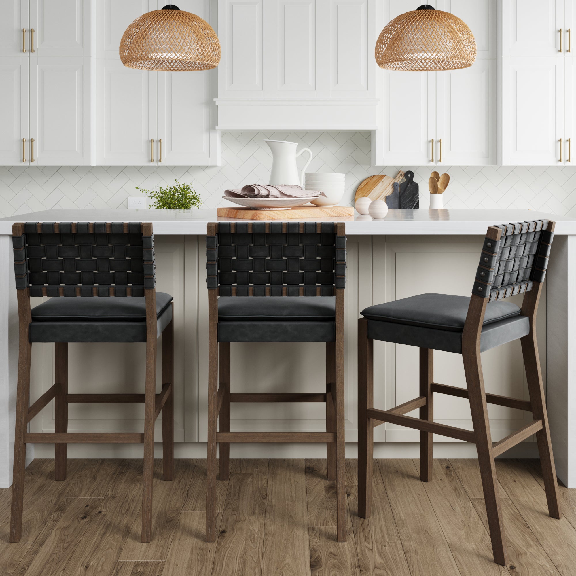 Woven Leather Leather And Black Bar Stools Cohen Black Bar Stool