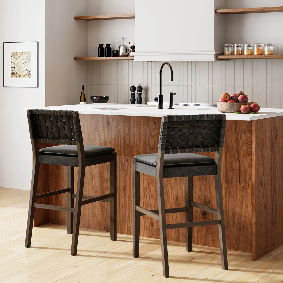 Nathan James Cohen 29 in. Natural Brown Wood Mid-Century Faux Leather Counter Height Bar Stool, with Woven Back for Kitchen Nathan James Cohen 29 in. Natural Brown Wood Mid-Century Faux Leather Counter Height Bar Stool, with Woven Back for Kitchen