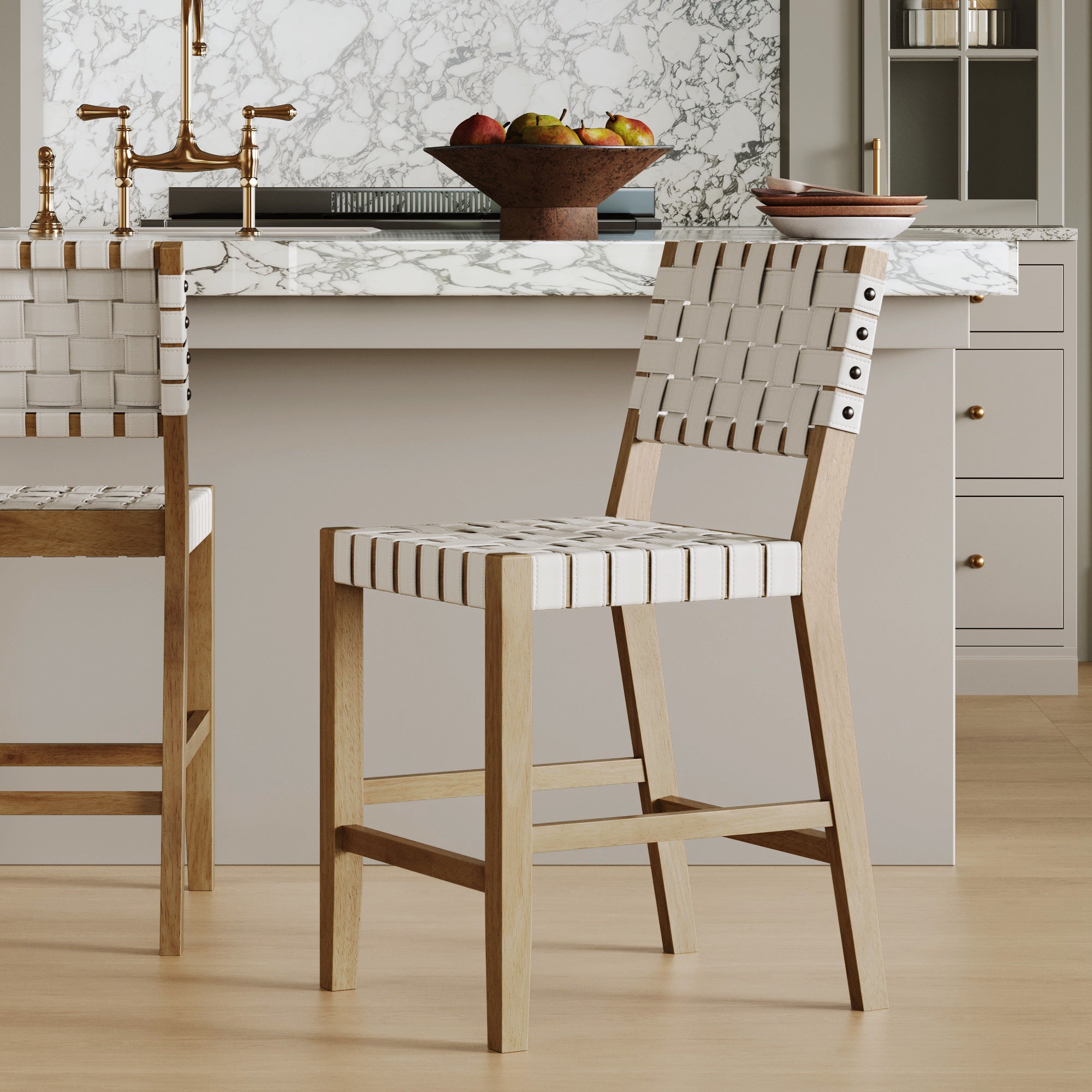 Faux Leather Woven Counter Height Bar Stool Off White - Nathan James