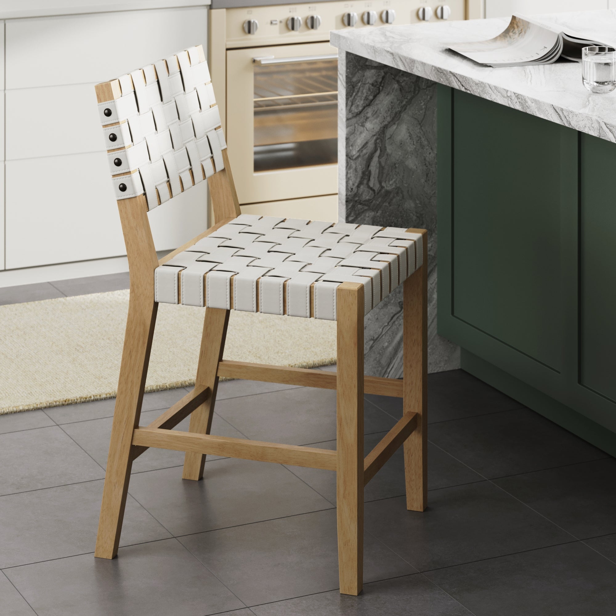 Faux Leather Woven Counter Stool White
