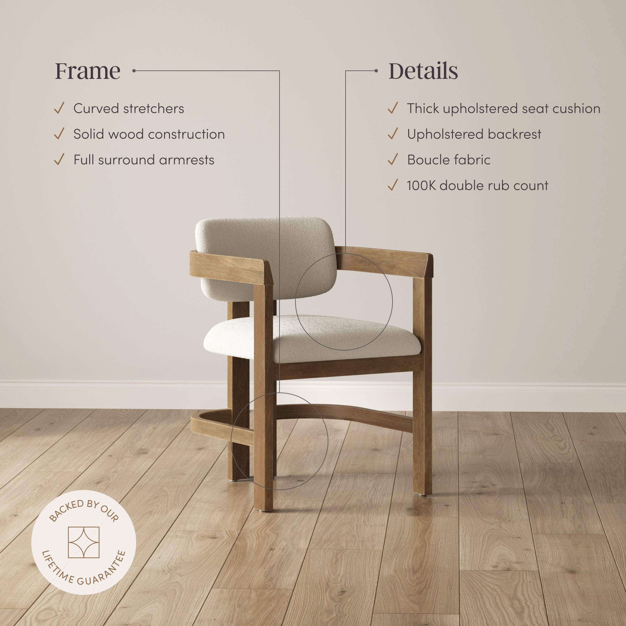 Boucle Dining Chair w/ Curved Back and Arm Light Brown (Set of 6) - Nathan James