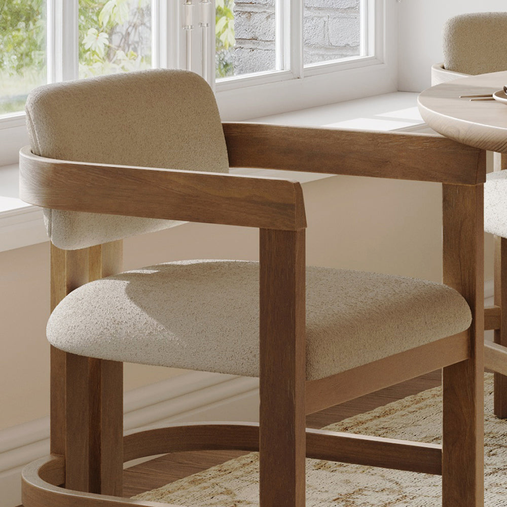 Wooden dining chair with a curved backrest and a beige upholstered seat.