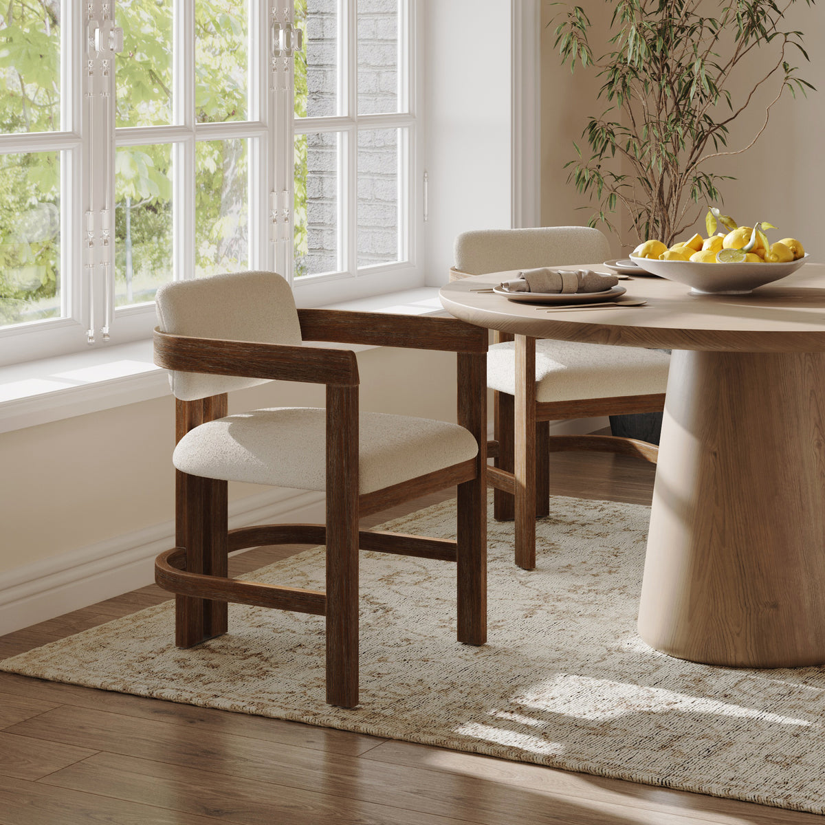 Modern Boucle Wood Dining Chair w/ Curved Back Dark Brown (Set of 2) - Nathan James