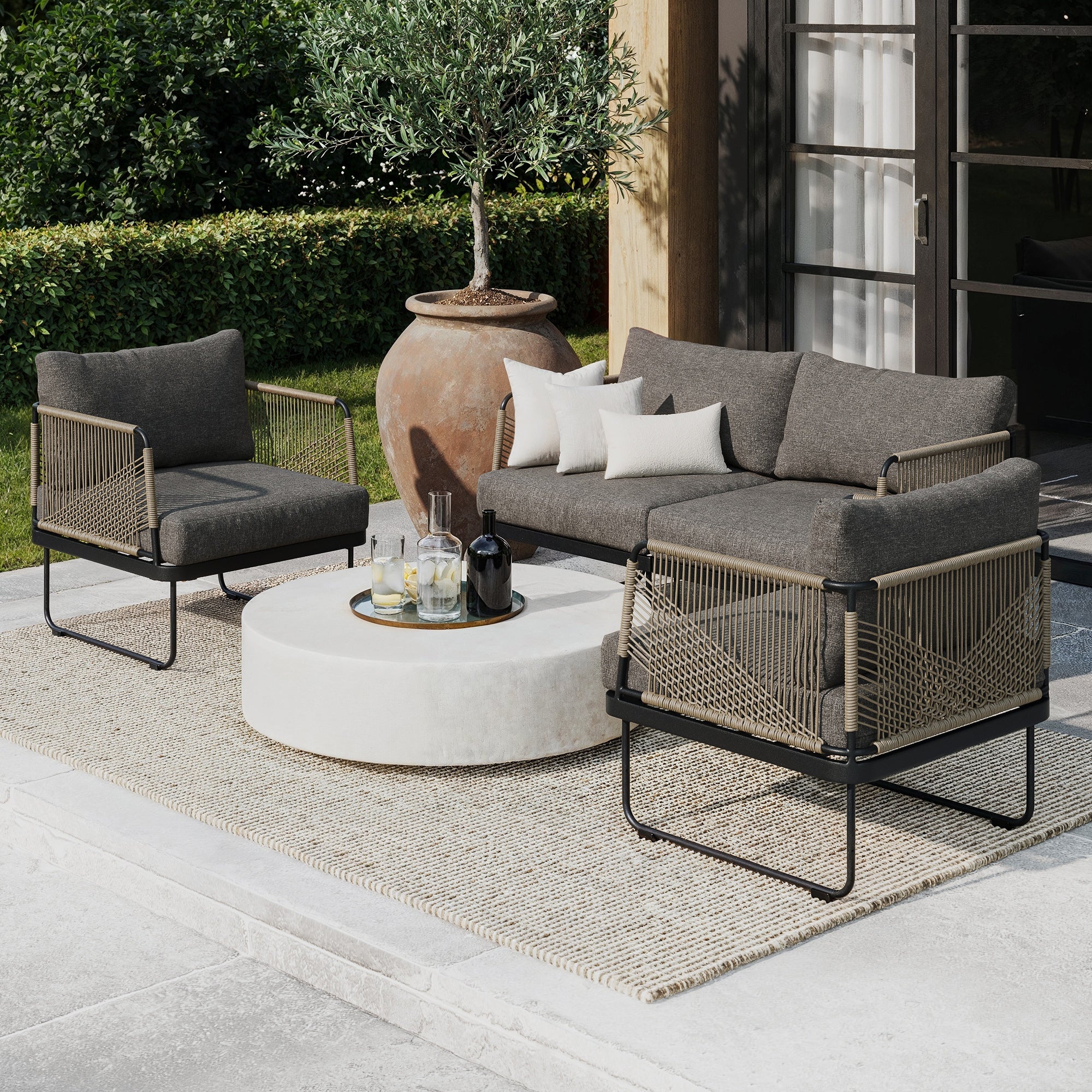 Outdoor Set Cord Patio Loveseat & 2 Arm Chairs Gray