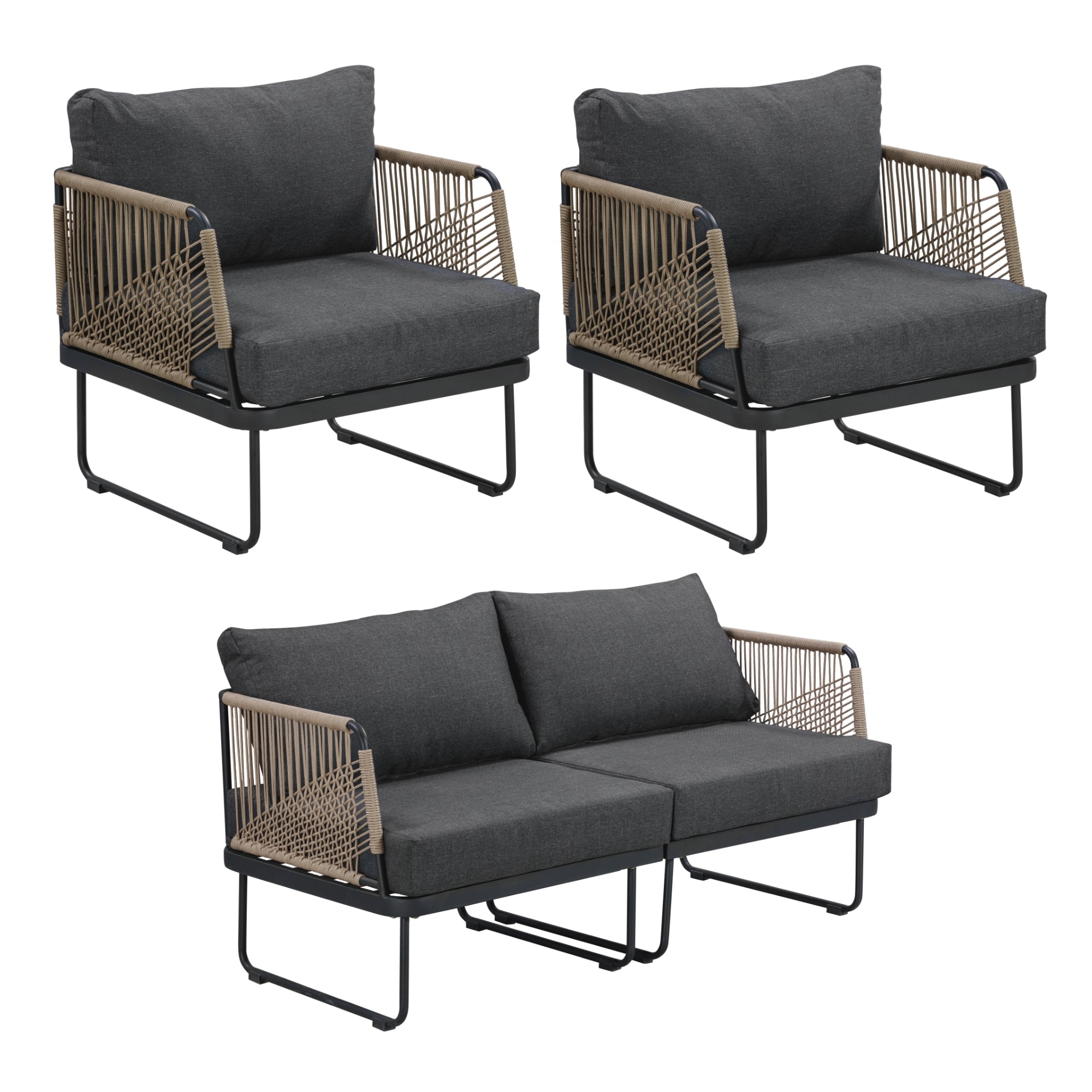 Outdoor Set Cord Patio Loveseat & 2 Arm Chairs Gray