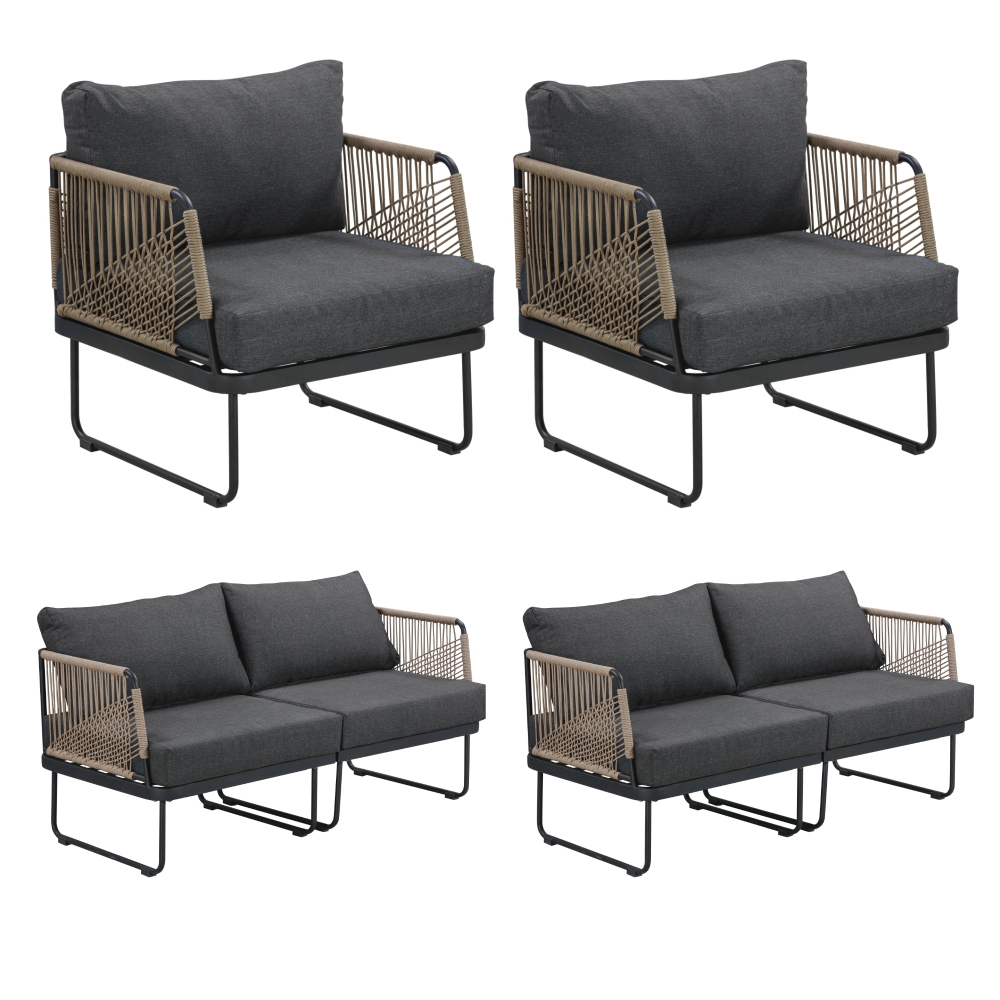 Outdoor Patio Set of 2 Cord Loveseats & 2 Arm Chairs Gray