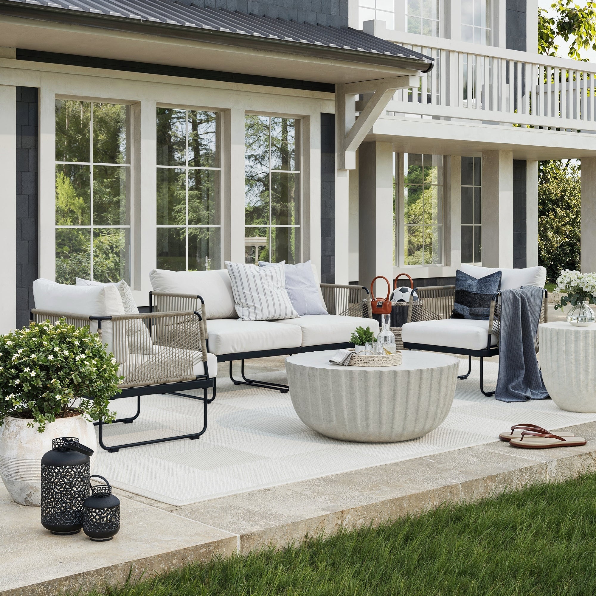 Modern Outdoor Patio Cushioned Cord Loveseat White